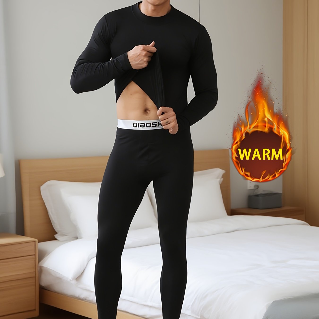 Image of Men's Thermal Underwear Set With Collar, Mid-collar, Fleece-lined, Brushed Fleece Base Shirt And Pants, Solid Color, Comfortable, Close-fitting, Long-sleeved Long Pants Set For Autumn And Winter