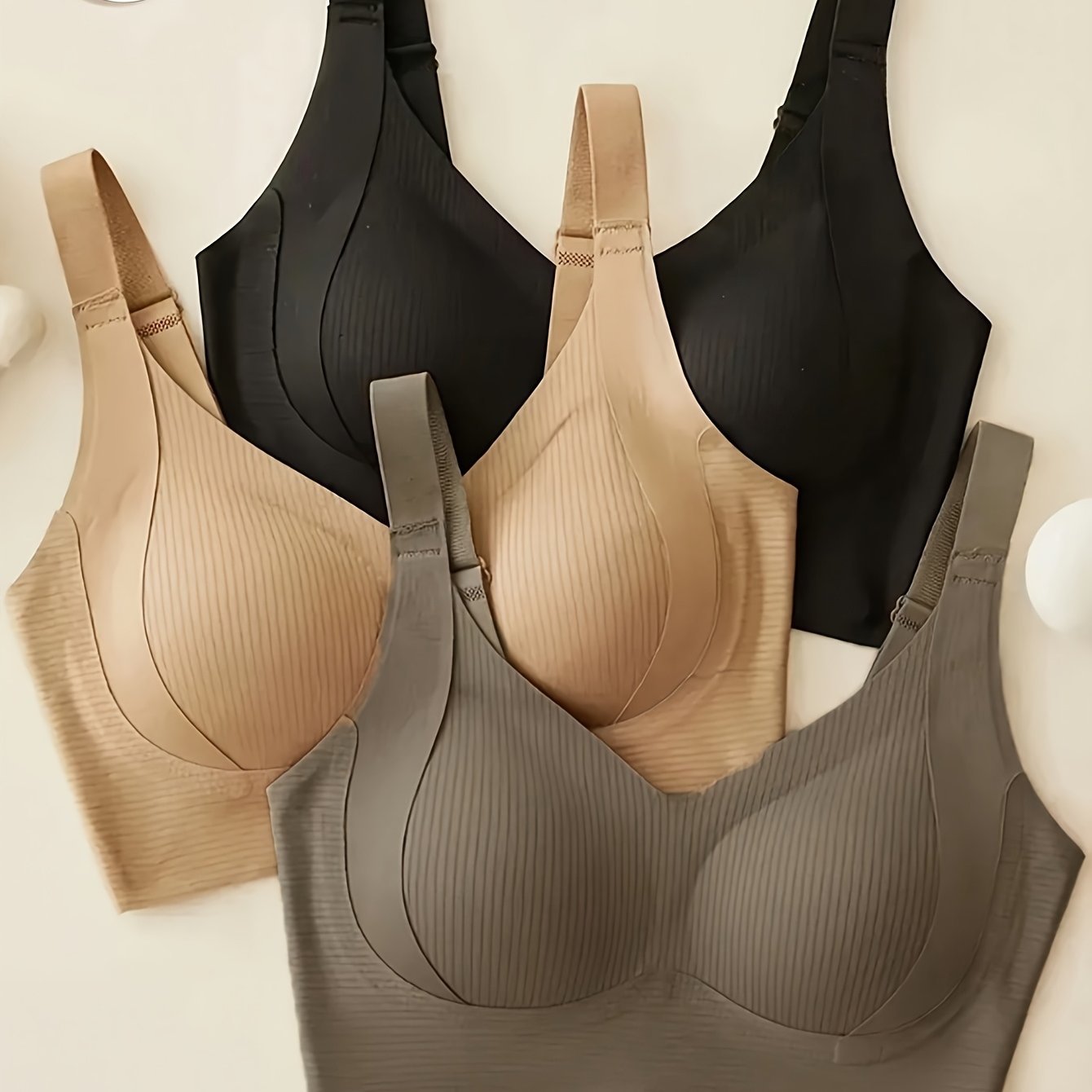 TEMU 3pcs Women's Full Coverage Wire-free Bras, Solid Color Simple Vertical Dot V-neck Seamless Underwear, Adjustable Wide Shoulder Straps, Gathering
