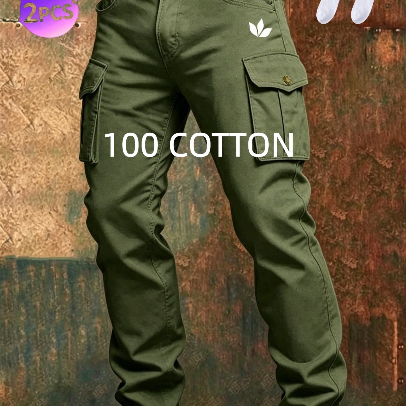 Compass Print 100% Cotton Cargo Pants Men 2pcs Set Belt Loop Flap With Socks