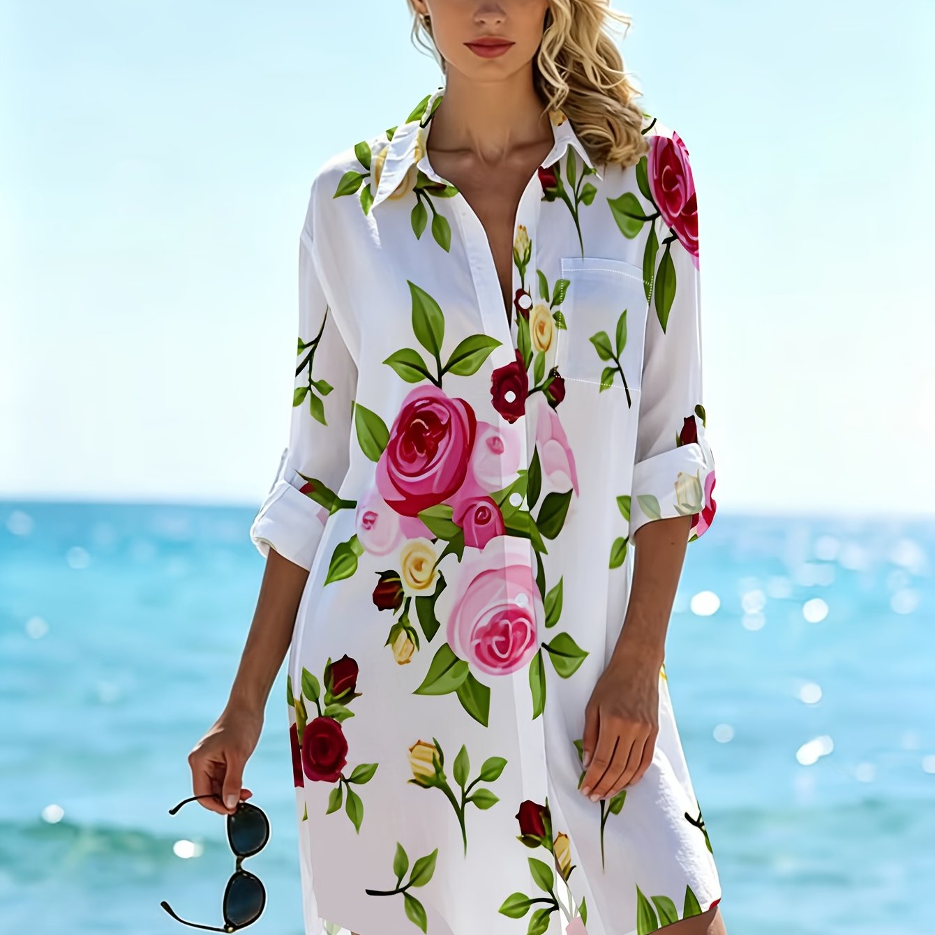 TEMU Plus Size New Long Sleeve Printed Shirt Loose Fit Button Neckline Beach Print Shirt, Plus Size Shirt Print With Pink And Bouquets On White
