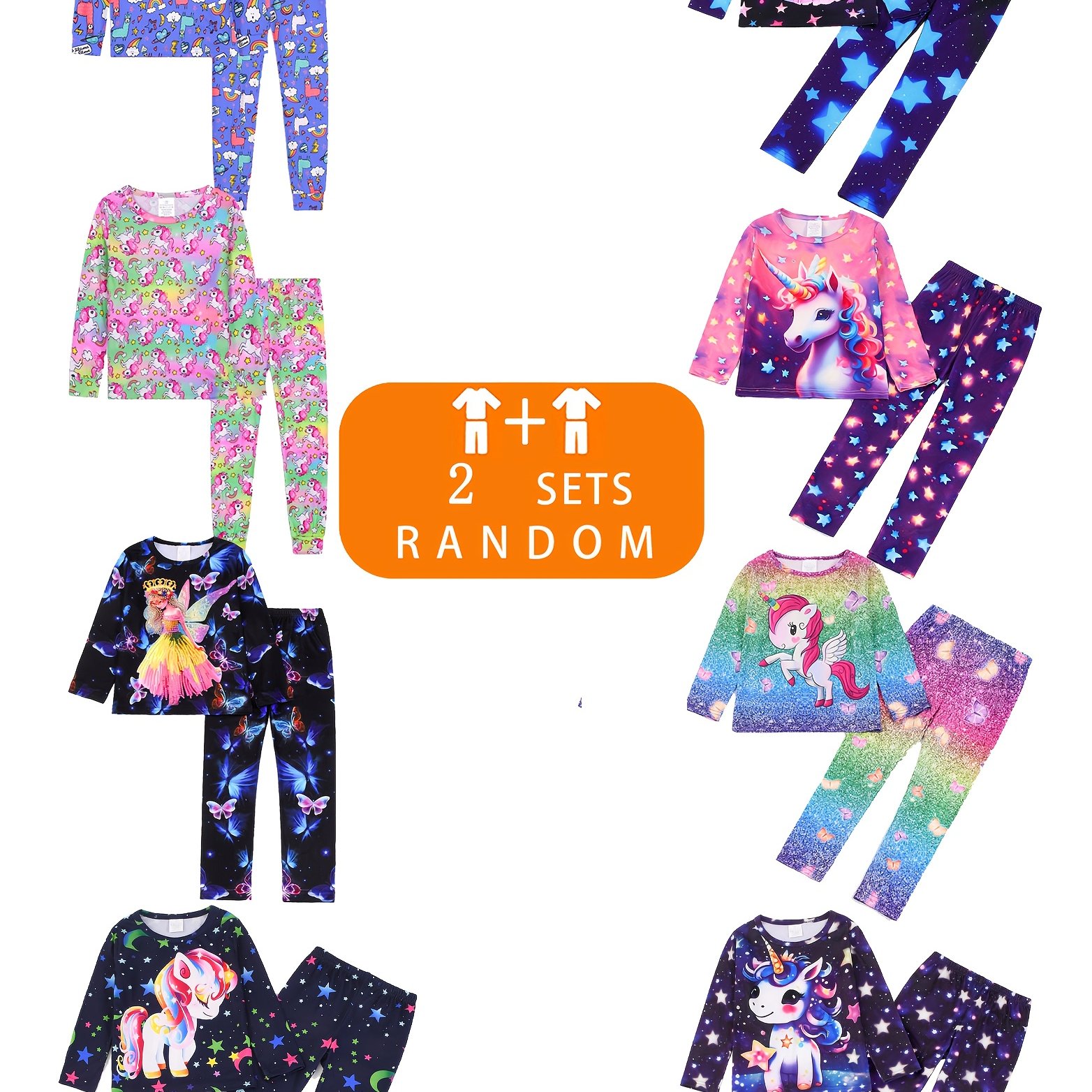 TEMU Random 2 Sets Of Girls' Pajamas, Children's Unicorn With Crown Pattern Pajamas, Long Sleeve Top And Pants Set, For Toddler Girls, As A Gift, , Girls' Long Sleeve T-shirt And Long Pants Pajama Set