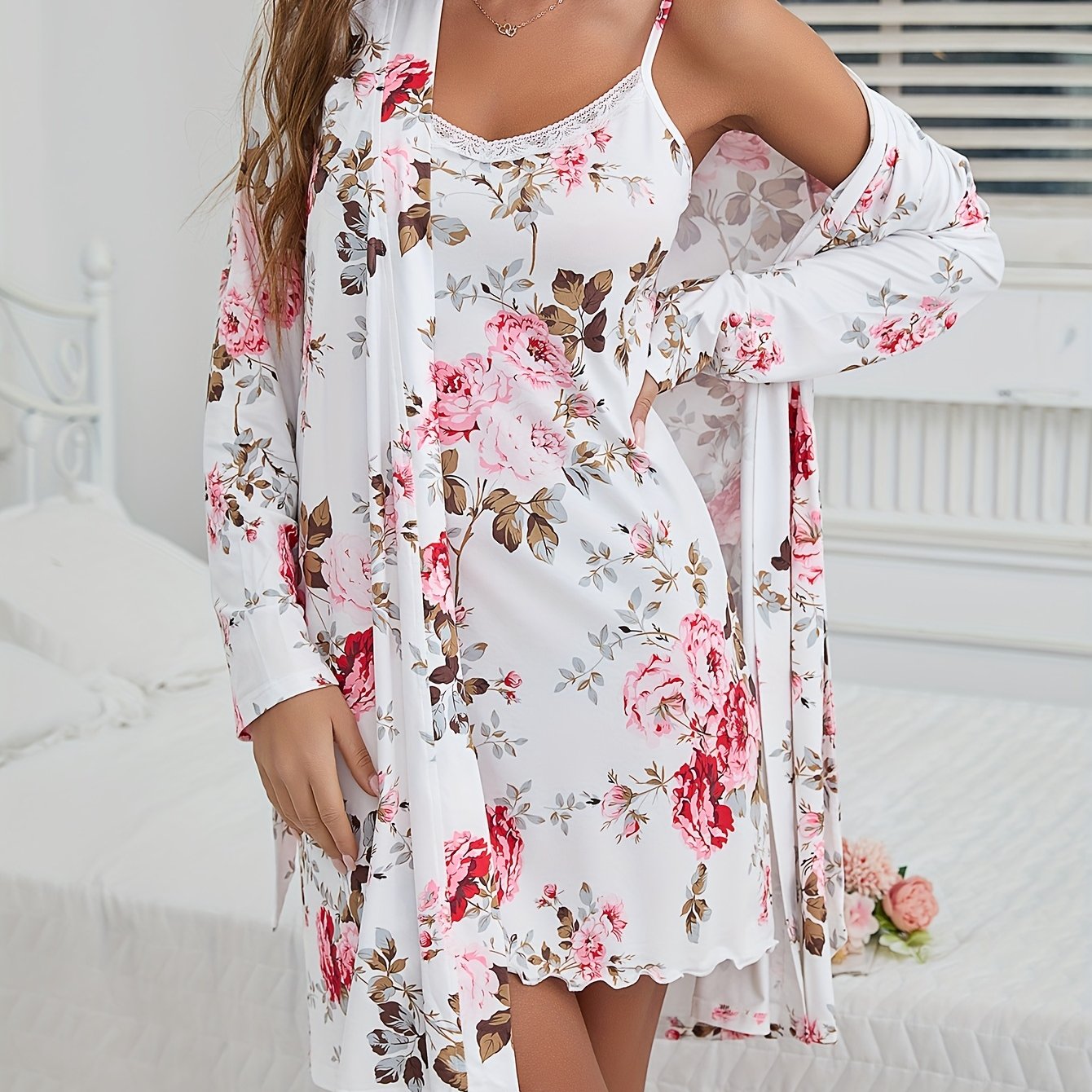 Image of Women's Floral Print Lace Trim Camisole Dress + Nightgown Set