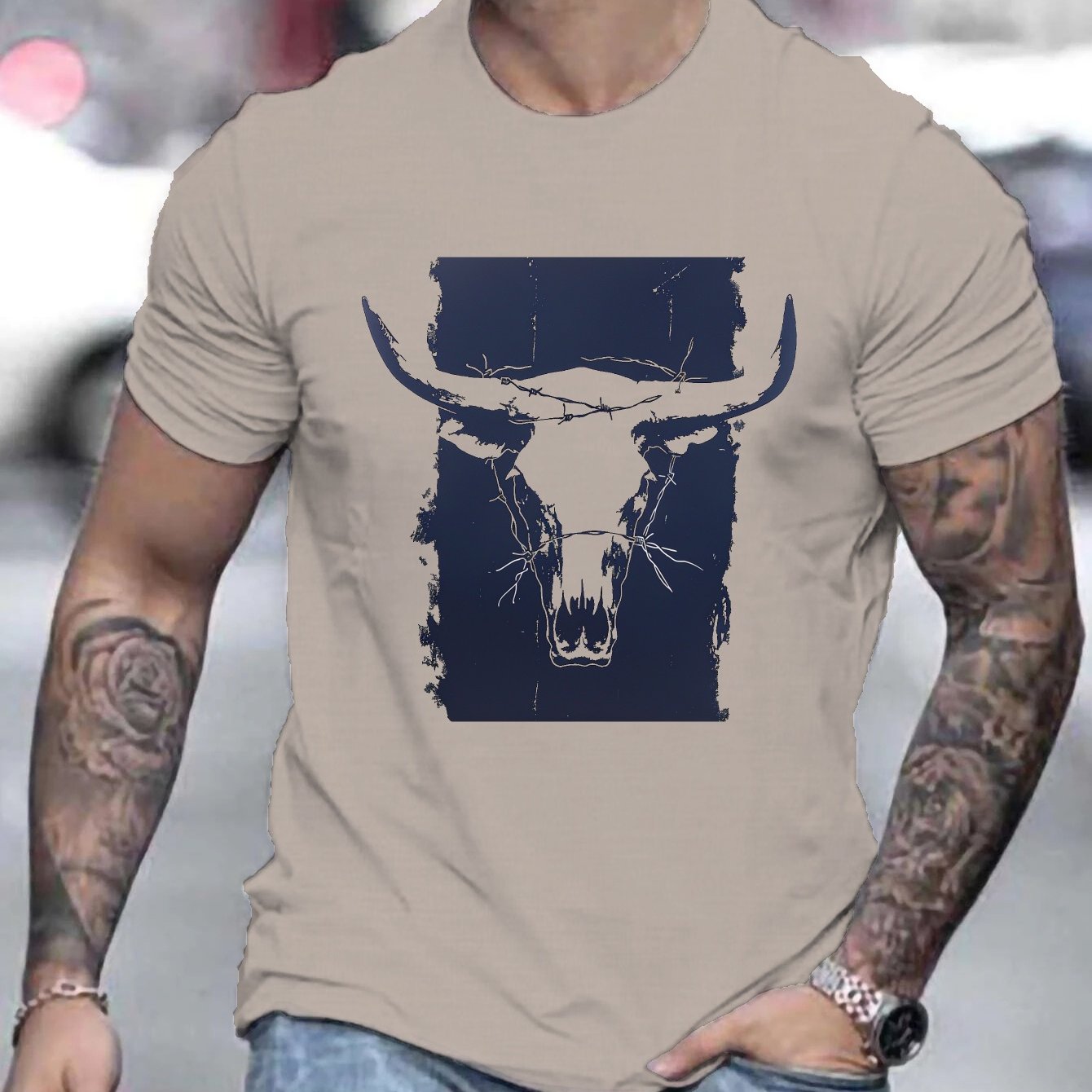 TEMU Wild West, Men's Skull Graphic Tee - Casual Crew Neck, Short Sleeve, Breathable Polyester - Perfect For Summer