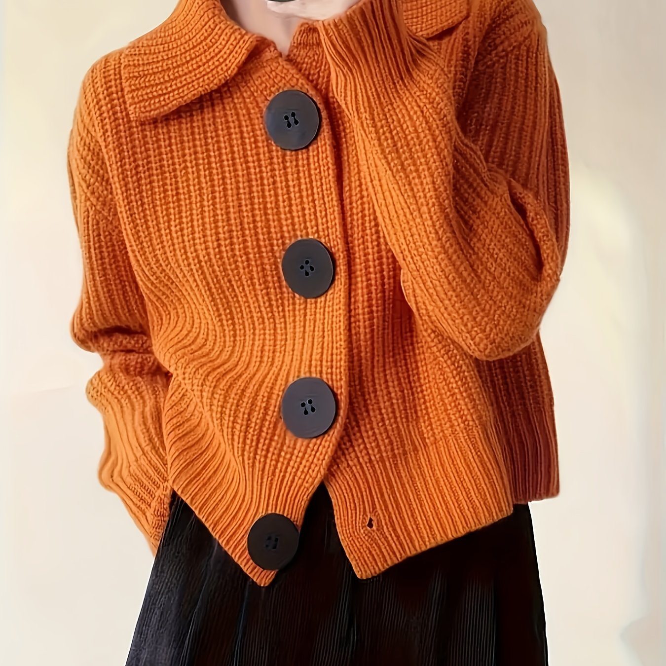 TEMU Women's Autumn-winter/early Spring Easy And Fashionable, Coarse Rib, Oversized , Reverse Collar Long-sleeved Casual Cardigan Top