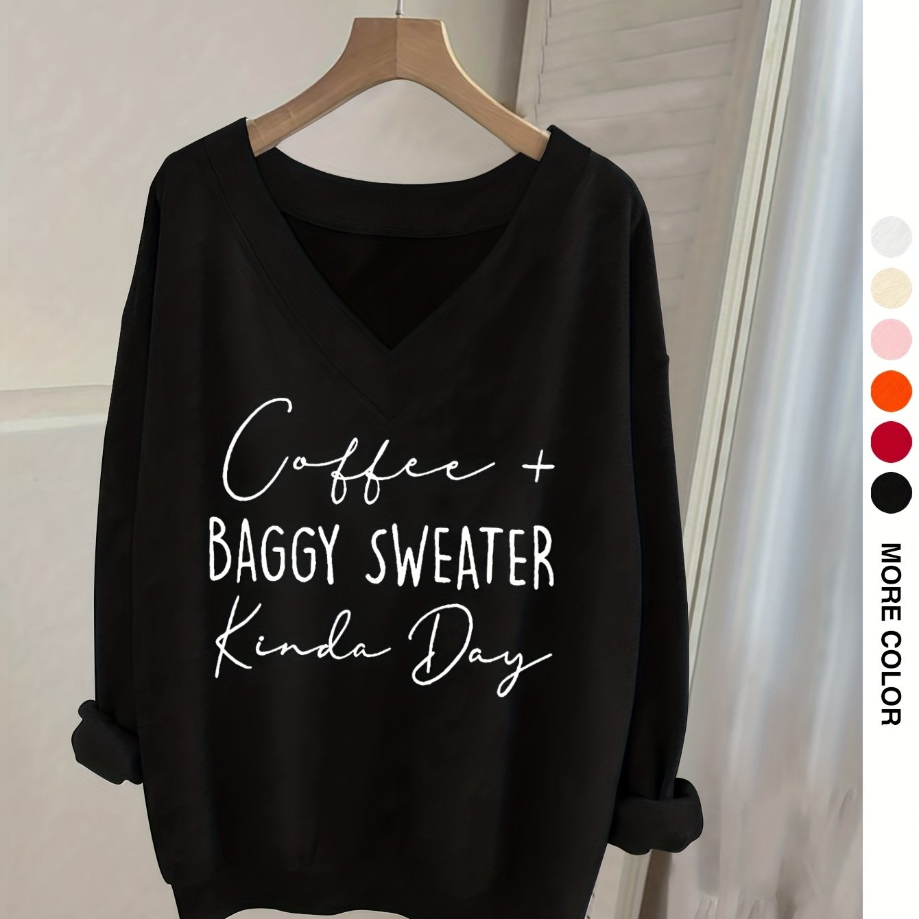 TEMU Casual V-neck Long Sleeve Sweatshirt With Letter Print, Women's Long Sleeve T-shirt, Long Sleeve Top, Fashion Top