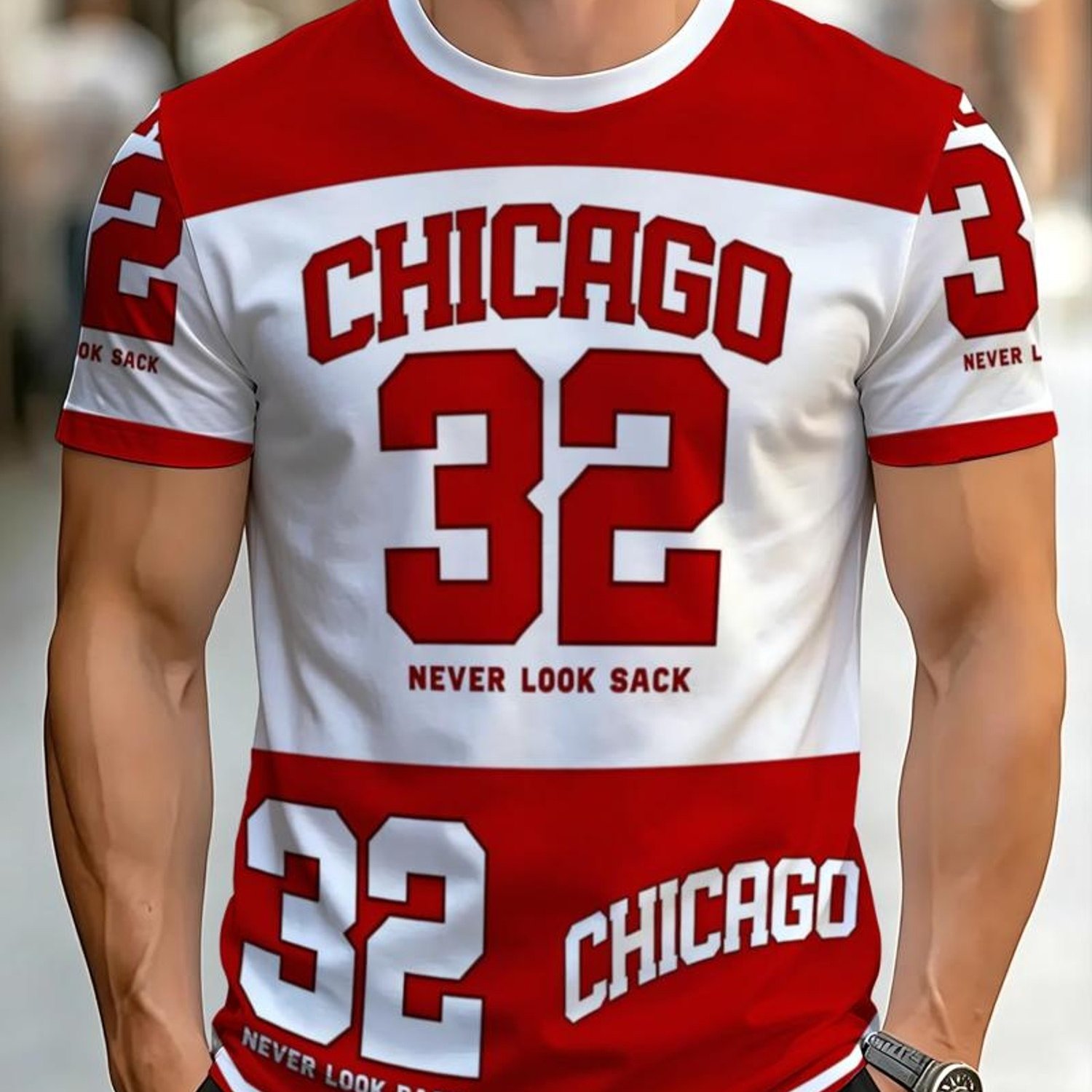 TEMU Men's Novelty T-shirt, Chicago 32 Print Design, Polyester Material, Mixed Colors, Multiple Sizes Available, Sports Jersey Style, Red And Scheme,