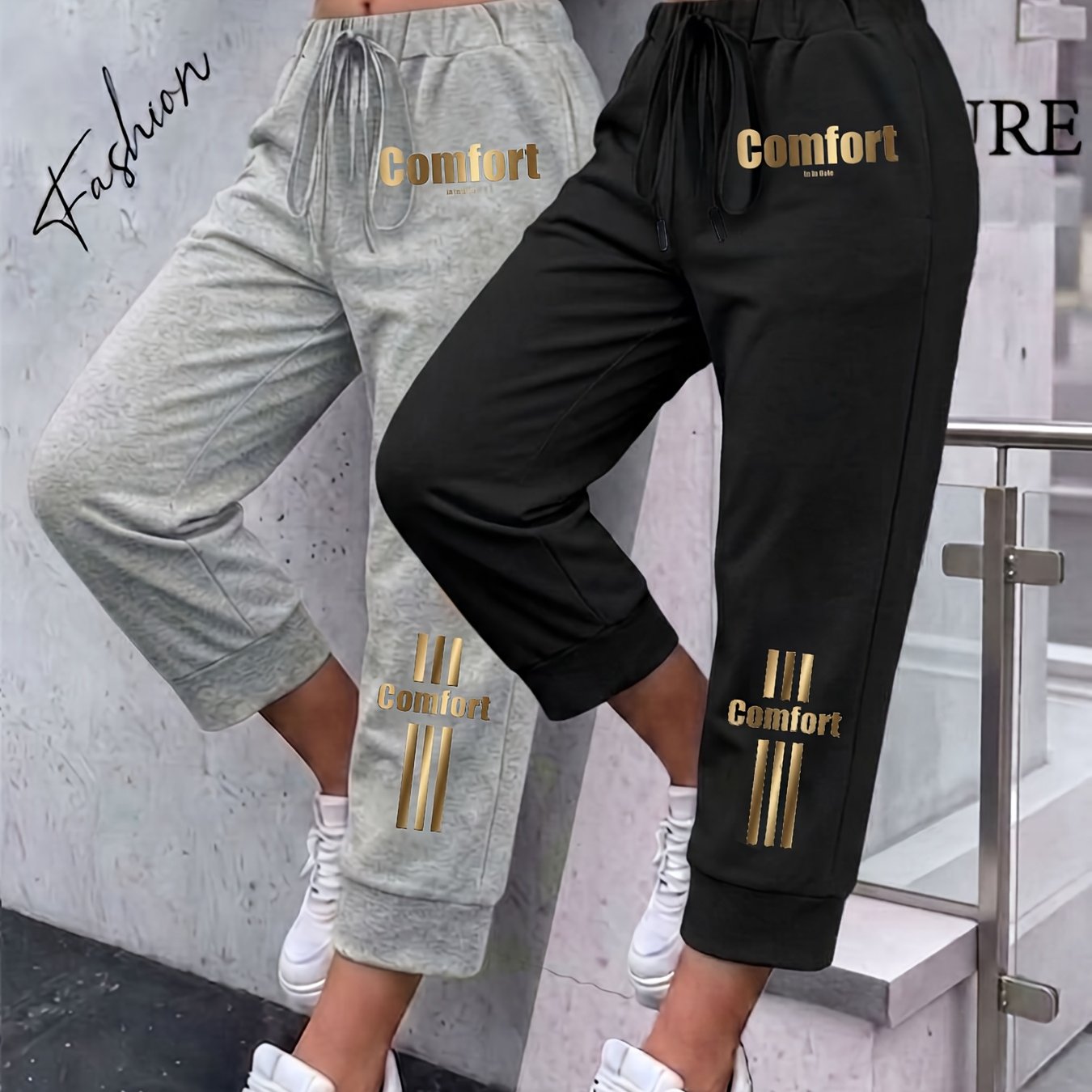 TEMU Women's Geometric Pattern And Letter Print Cropped Jogger Pants, Colors, Drawstring Elastic Waist Cropped Sweatpants, Loose Fit Casual Swear For