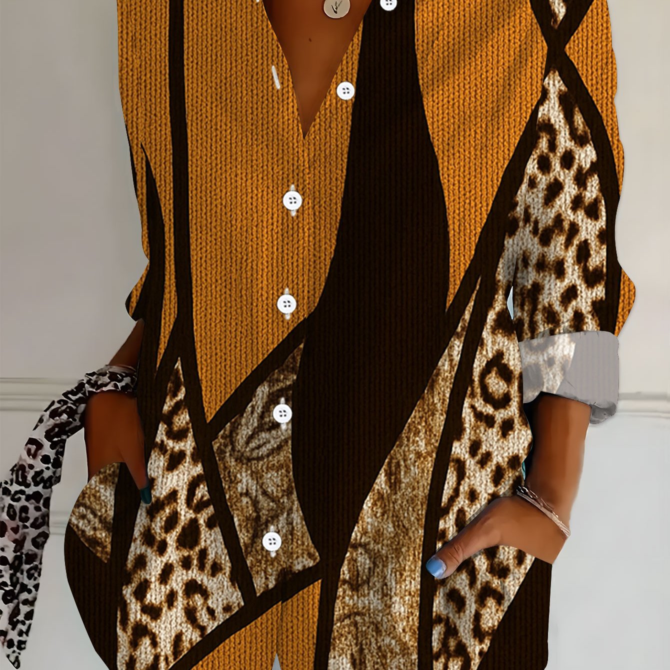TEMU Plus Size - Plus Size - New Plus-size Women's Long-sleeve Printed Shirt, Versatile Elegant Shirt With Leopard Pattern, Loose-fitting Women's