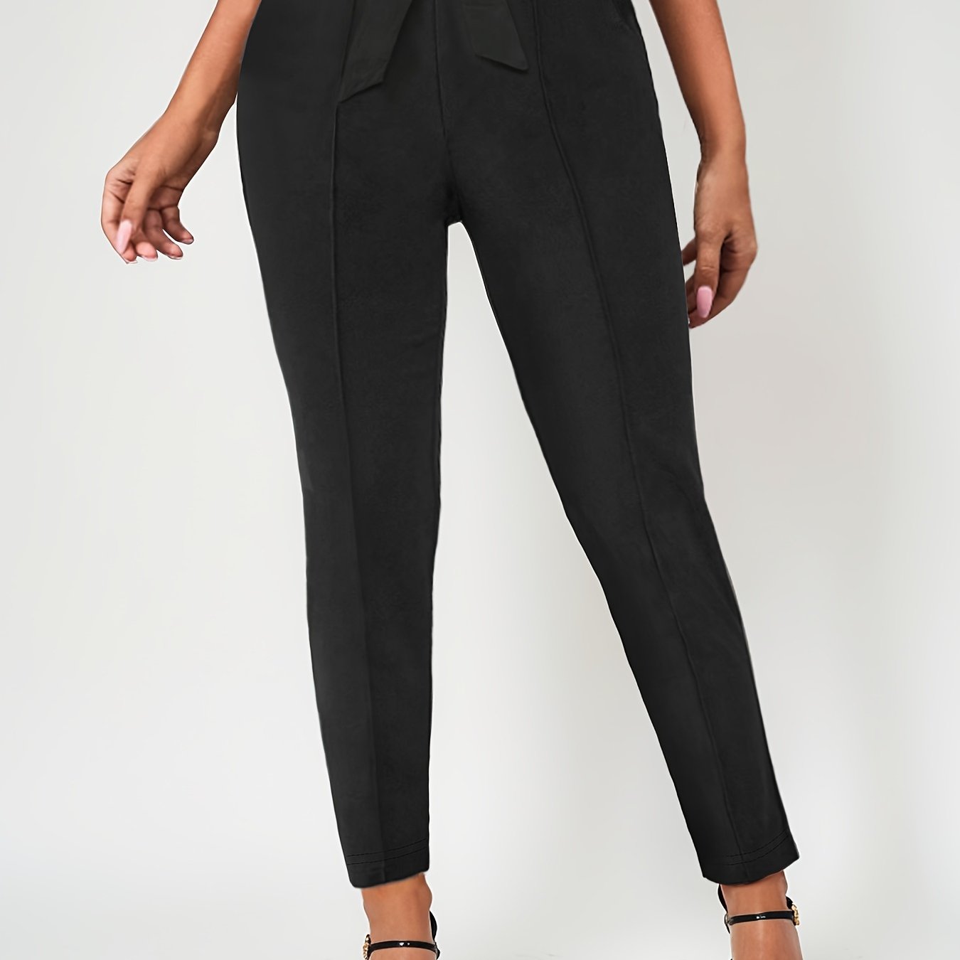 tie waist cigarette trousers solid high waist tie knot skinny pants elegant dual pockets