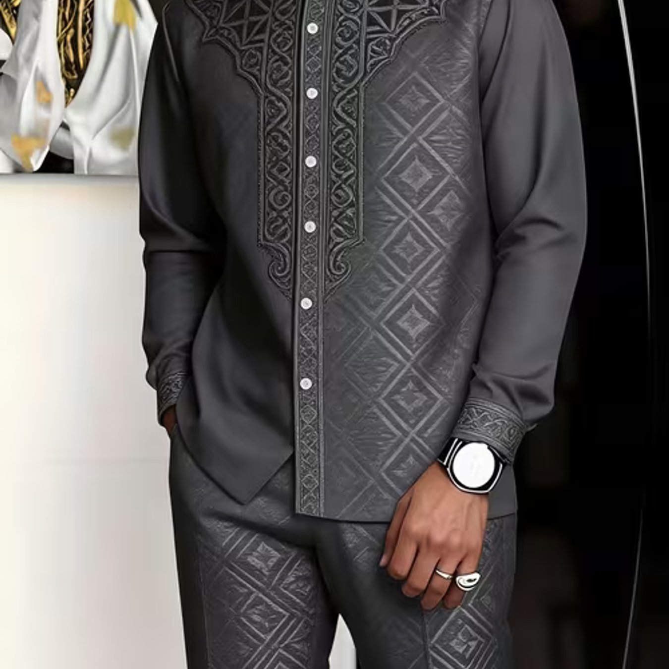 Image of [printed Design- Without Texture] Collar Men's Fashion Ethnic Style Geometric Pattern Long Sleeve Shirt And Pants Set Adult Men's Party Outfit Casual Wear