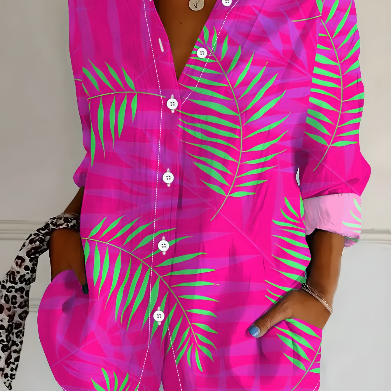 TEMU Plus Size, Plus Size Women's Long Sleeve Shirt, Tropical Print Shirt, Emerald Green Leaf Design, Mid-length Women's Shirt, Rose Pink Base Color