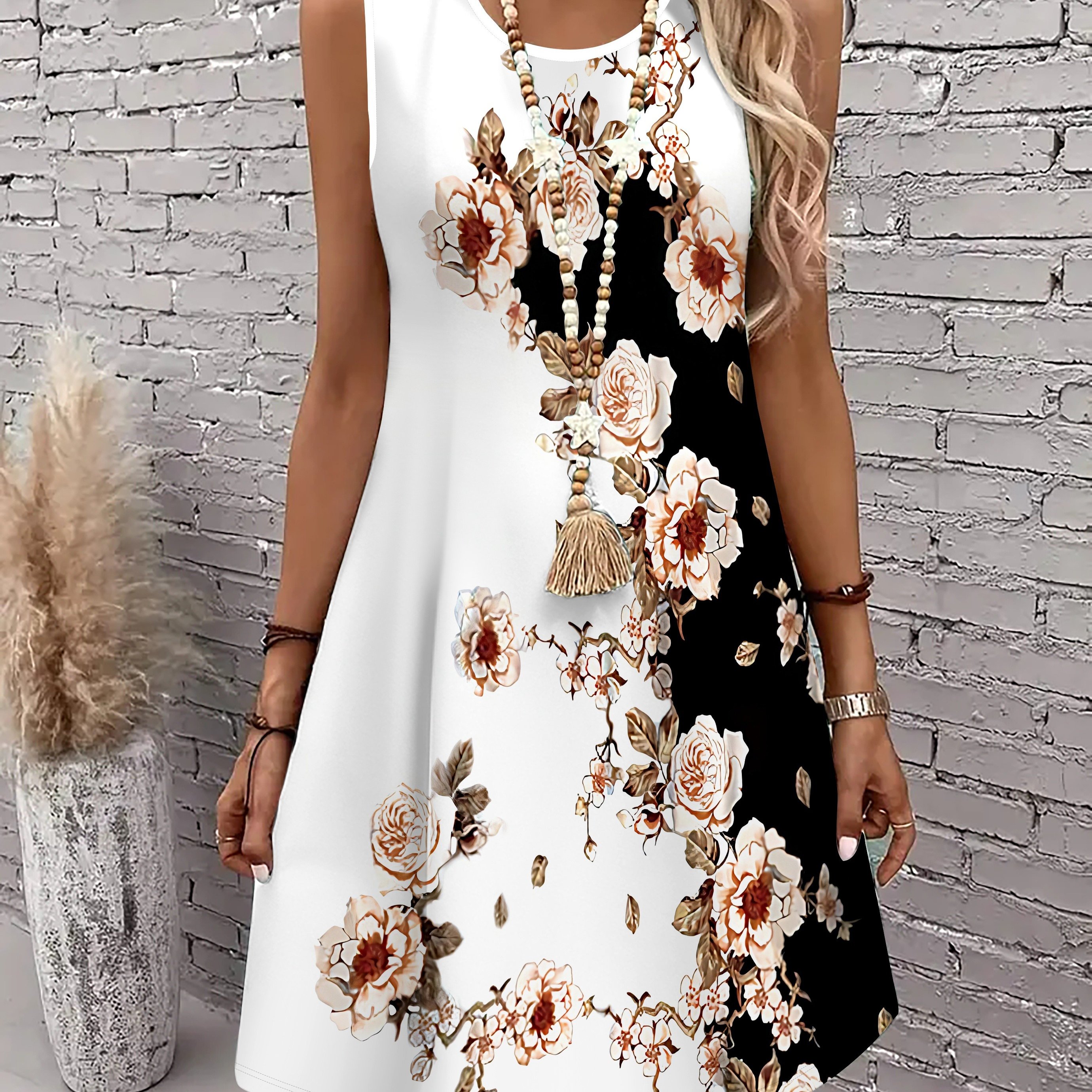 Image of Plus Size, Women's Fashionable And Elegant Plum Black And White Print Tank Dress