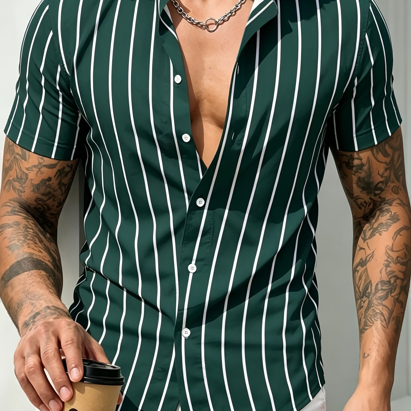 TEMU Digital Printing - [dark Green ] Men's Short-sleeved Shirt, Dark Green Vertical Striped Slim Fit, Light Mature Style Lapel Cardigan, Cool And