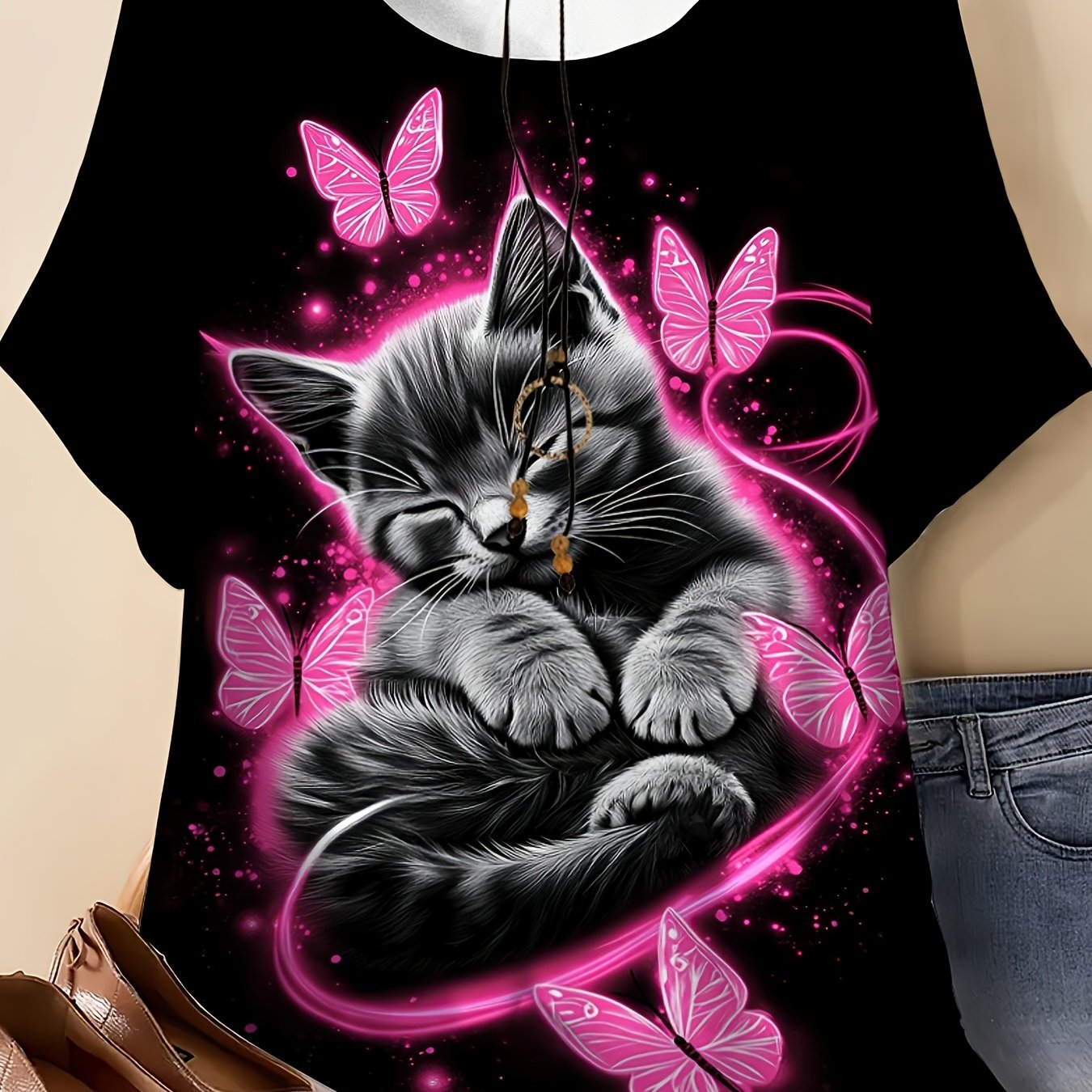 TEMU Plus Size - Plus Size - Plus Size Women's Cute Cat And Pink Print T-shirt - Casual Short Sleeve Round Neck Top, Art Design, Breathable And