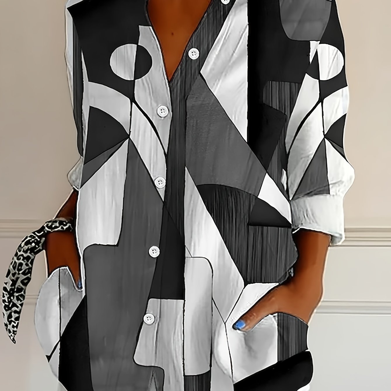 E-shop Plus Size, Modisches Casual Color Block Print Damen Langarmhemd mit Knopfleiste
