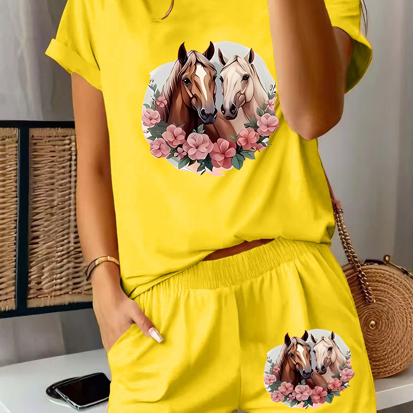 TEMU 2pcs Women's Spring Short Sleeve Set - Horseshoe Floral Horse Print Short Sleeve Shorts Set, Comfortable Soft Breathable Sportswear Daily Wear