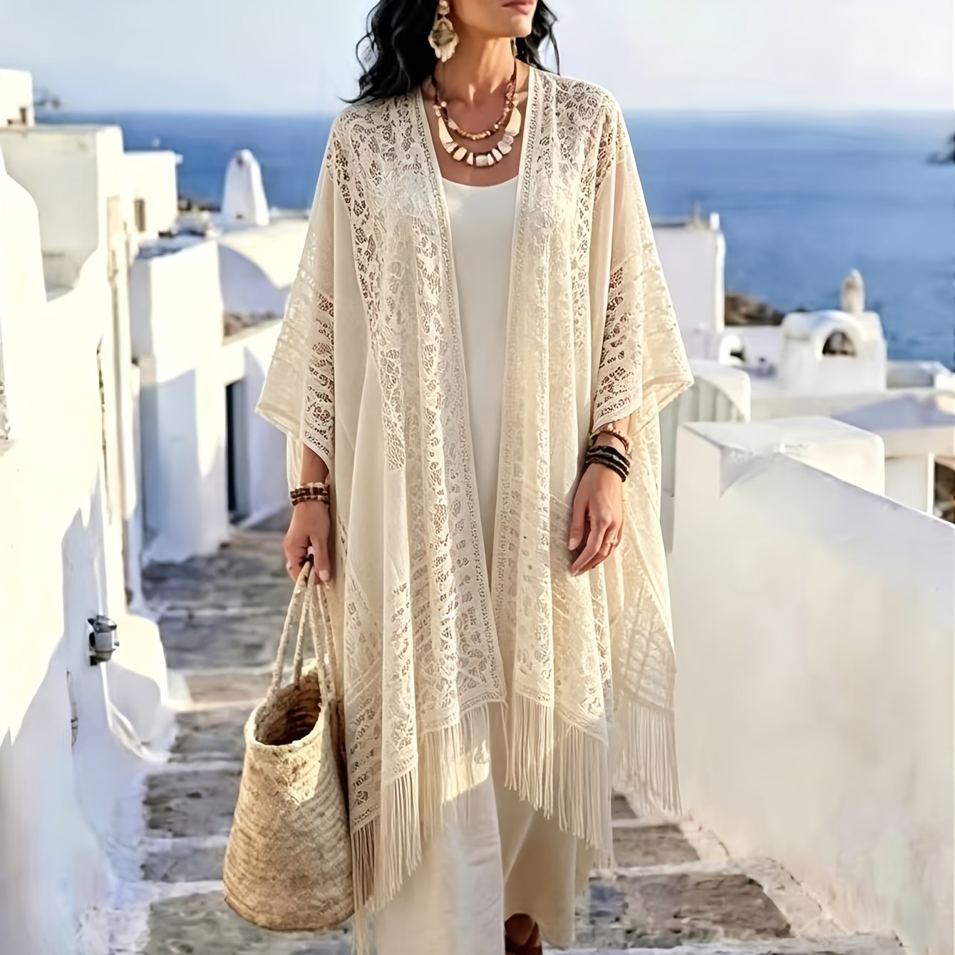 TEMU Plus Size - Women's Large Solid-color Shawl, Lace Coat. This Cardigan Is Suitable For Vacations, Travel, Dates, And Beach Outfits