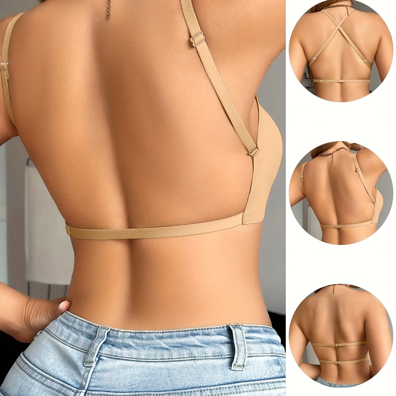 1pc Seamless V-neck Backless Bra | Cross Straps, Wireless, , Removable Padding