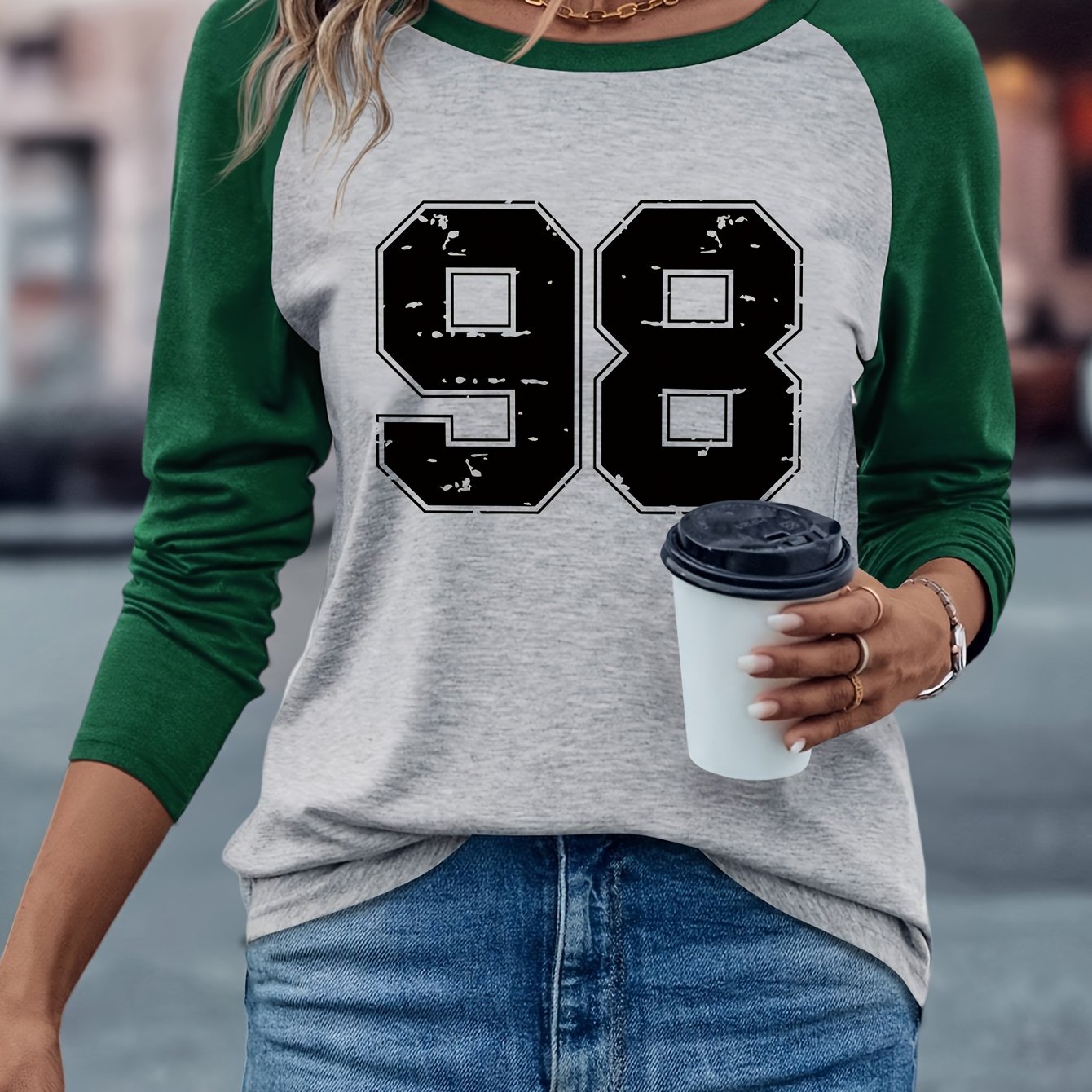 TEMU Large Number Print Raglan Long Sleeve T-shirt - Casual Round Neck Blouse With Medium-stretch Fabric, Spring/autumn Casual Attire, Machine