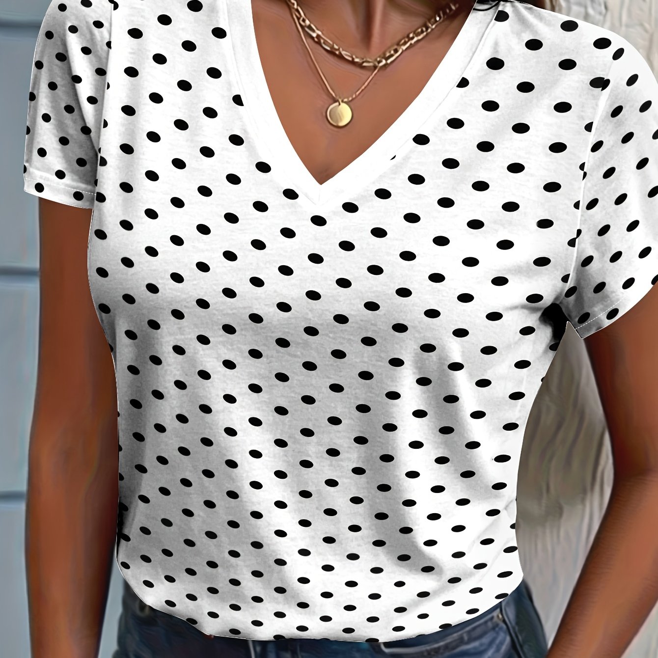 TEMU Women's Polka Dot V Neck Short Sleeve T Shirt White Dot Printed Top Casual Women's Summer Bottoming Shirt
