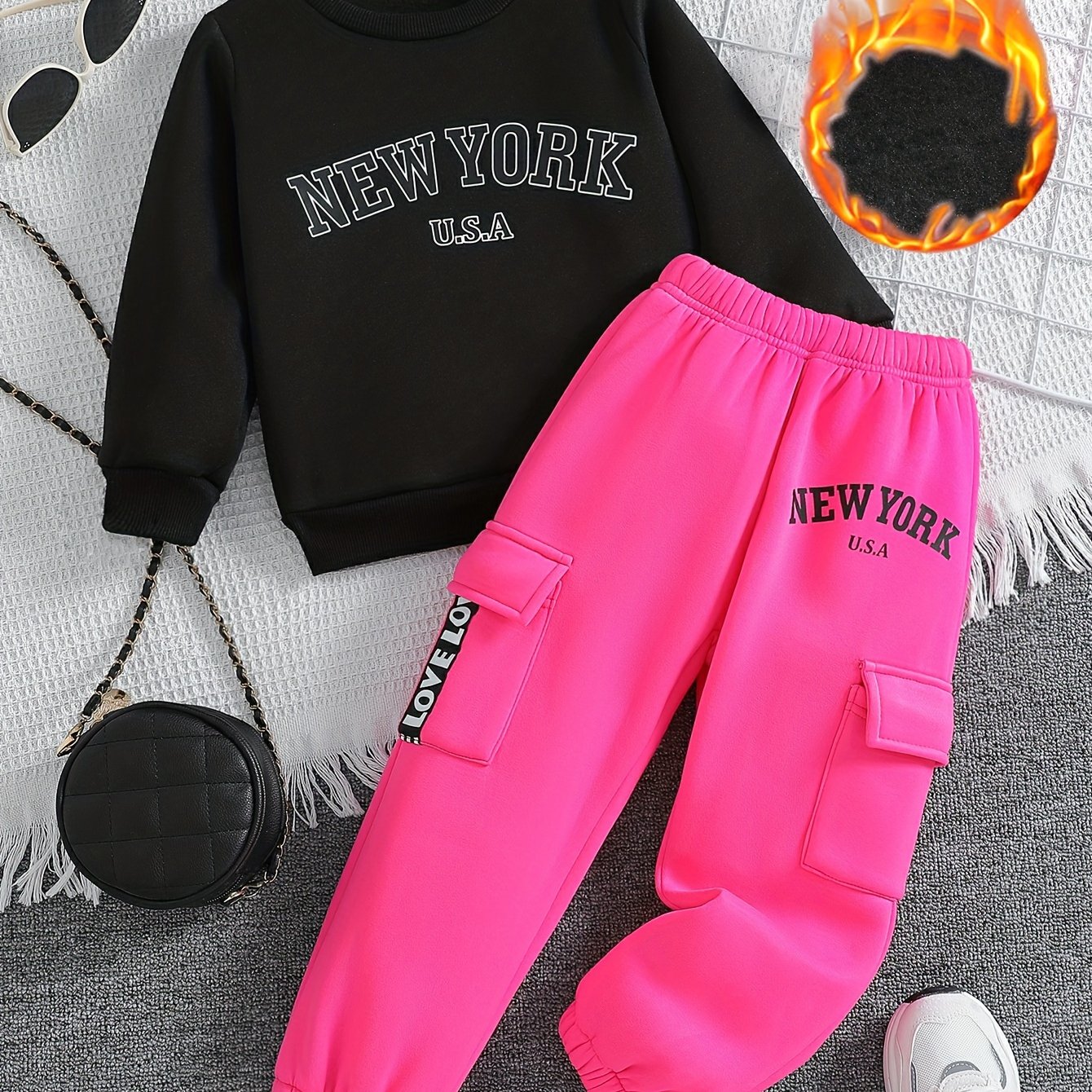 Image of Girls' Letter Print Round Neck Long Sleeve Thick Fleece Sweatshirt And Letter Print Thick Fleece 2-pocket Cargo Pants Long Trousers Fashion Outfit, For Outdoor