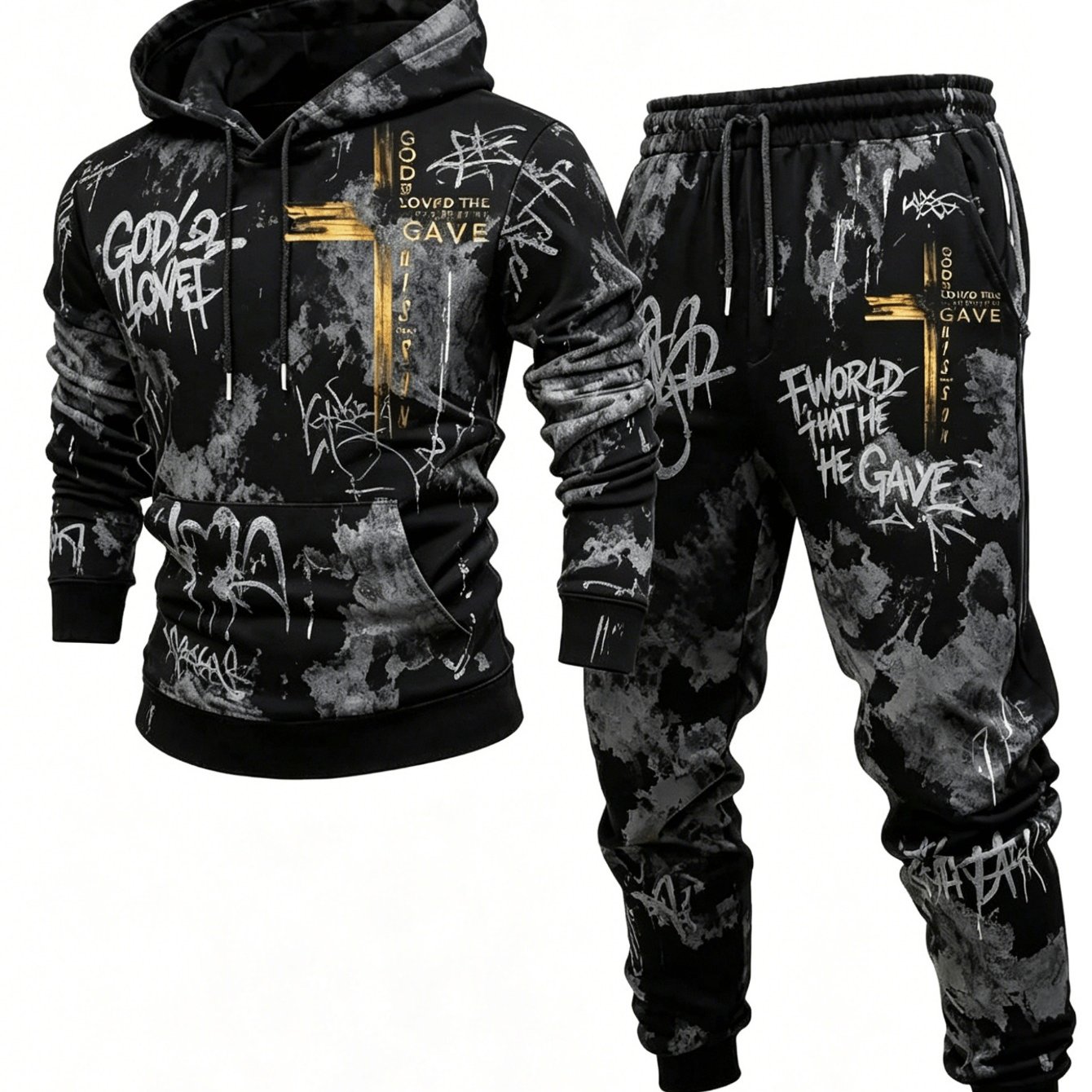 Men's 2pcs Tie Dye Graffiti Cross Letter Print Drawstring Hoodie And Jogger Pants Set, Black Gray Casual Streetwear Tracksuit With Pocket For Daily Wear