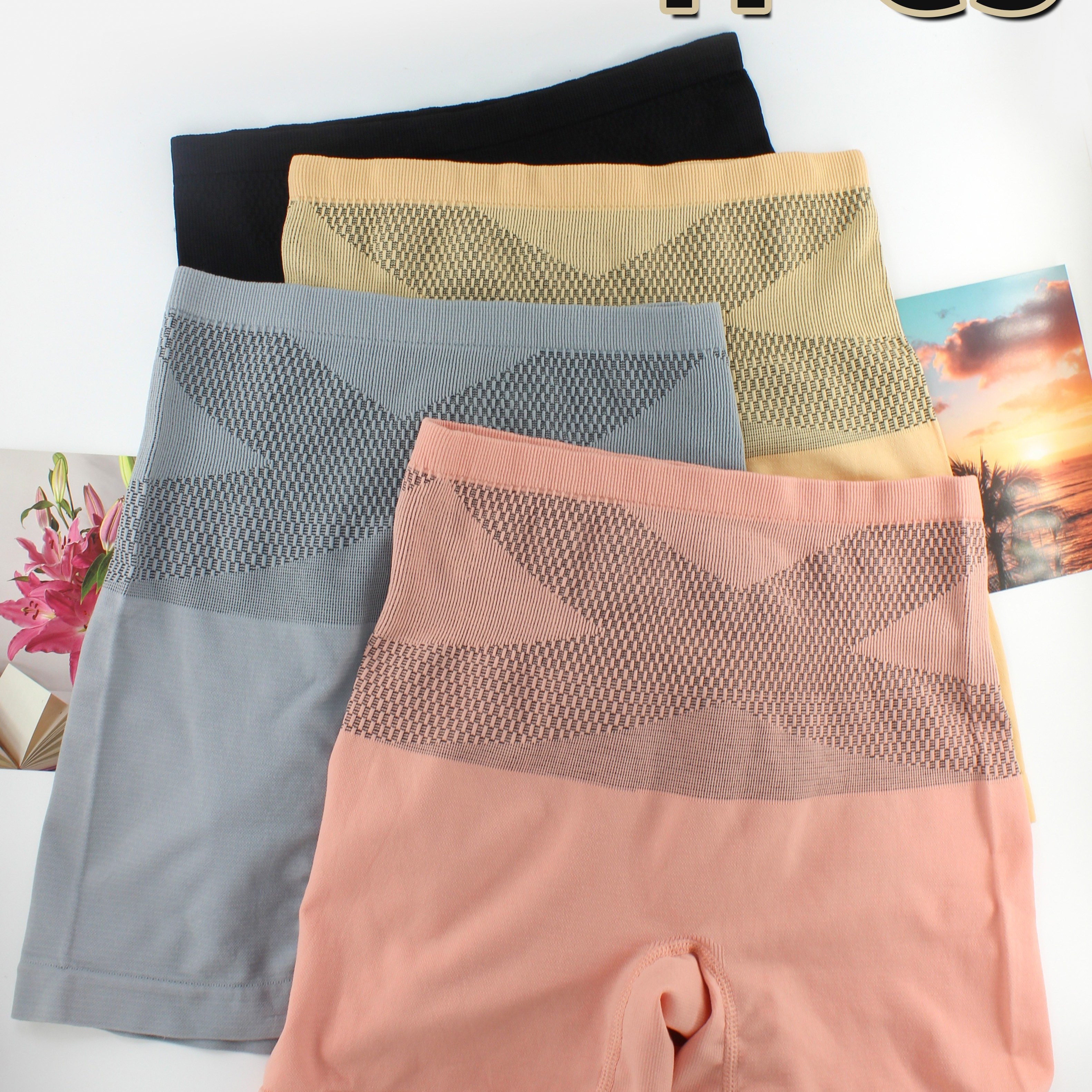 TEMU 4-pack High-waisted Boyshorts For Women - 100% Polyester Knit Fabric, Romance Style Boyshort Panties With Alphabet Pattern, Seamless Tummy Control And Butt Lifting, Anti-exposure Safety Underwear