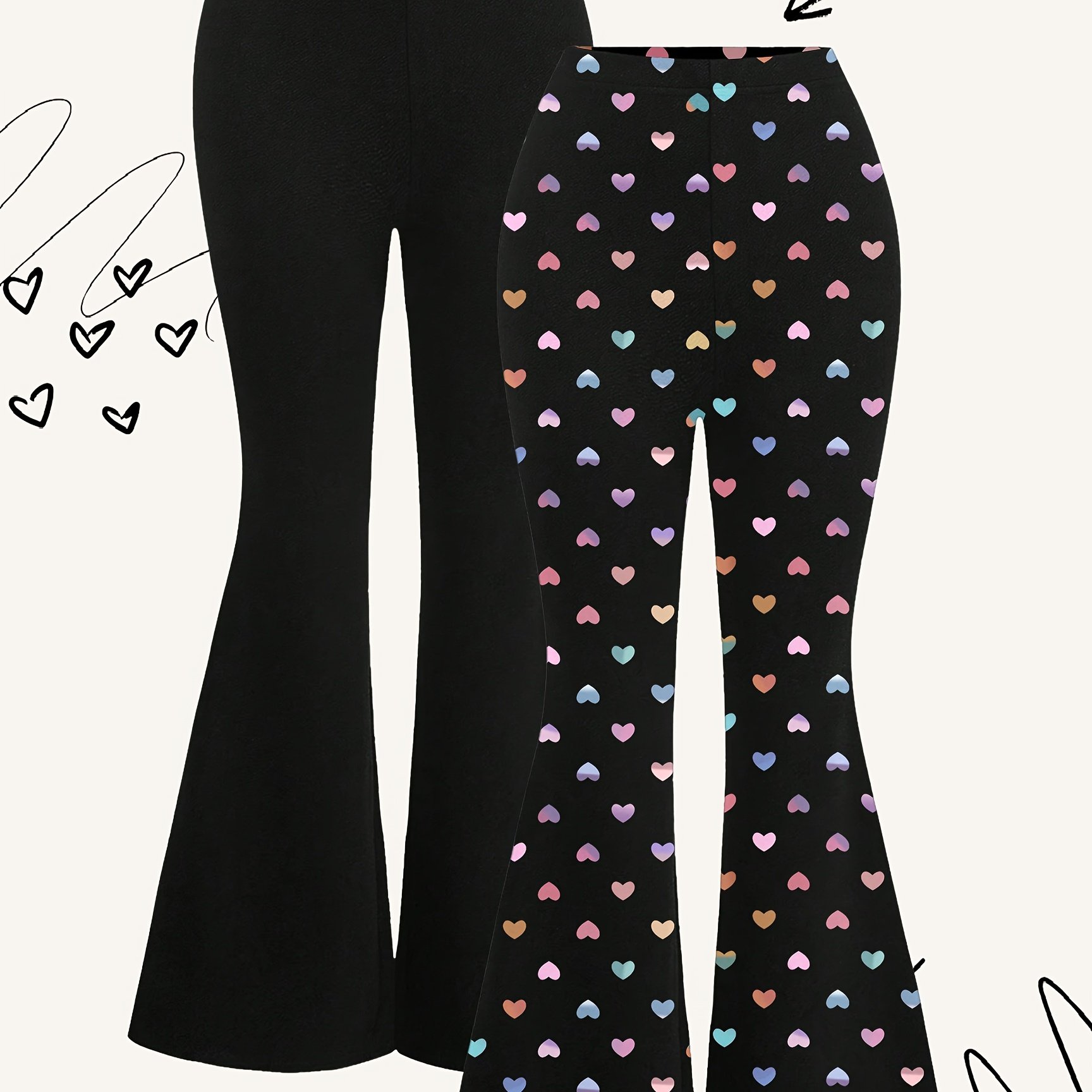 Image of Multi-piece Set, 2pcs Young Girl Casual Colorful Heart Print Flared Pants, Autumn, Spring, For Outdoor