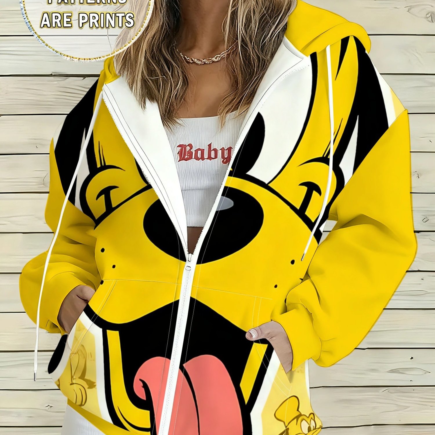 TEMU Yellow Background Cartoon Big Dog Big Face Print Zipper Hood Drawstring Pocket Loose Long Sleeve Top