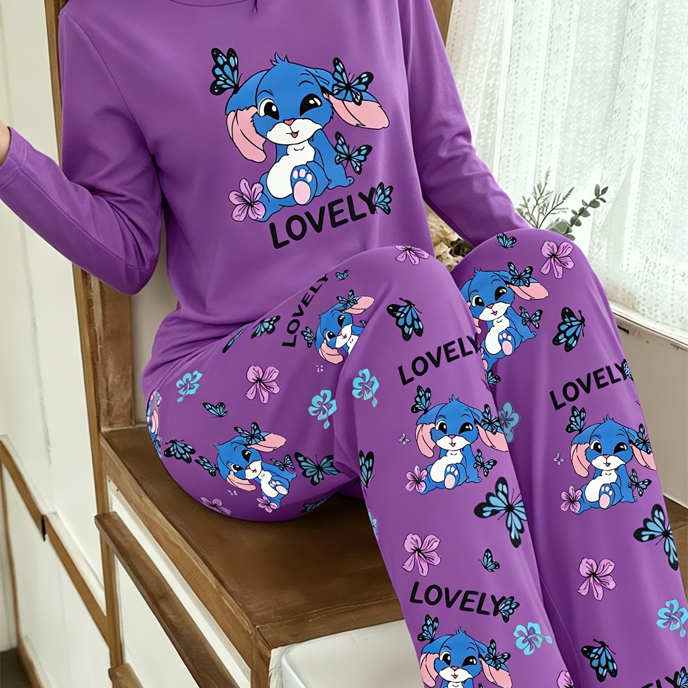 TEMU Women's Casual Flower "lovely" Letter Print Long Sleeve T-shirt And Rabbit Print Pants Winter Pajama Set