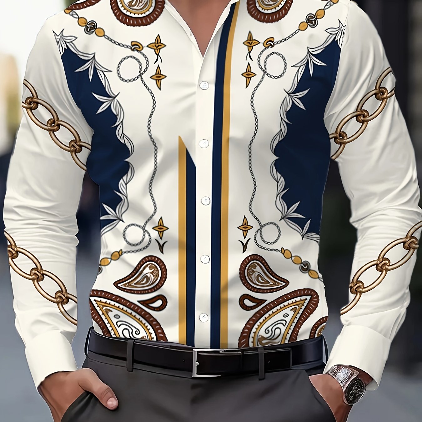 TEMU Old Money Outfits Elegant Formal Men's Attire, Featuring A Luxurious Shirt And Retro Paisley , Making It A Statement Of Fashion, Casual, All
