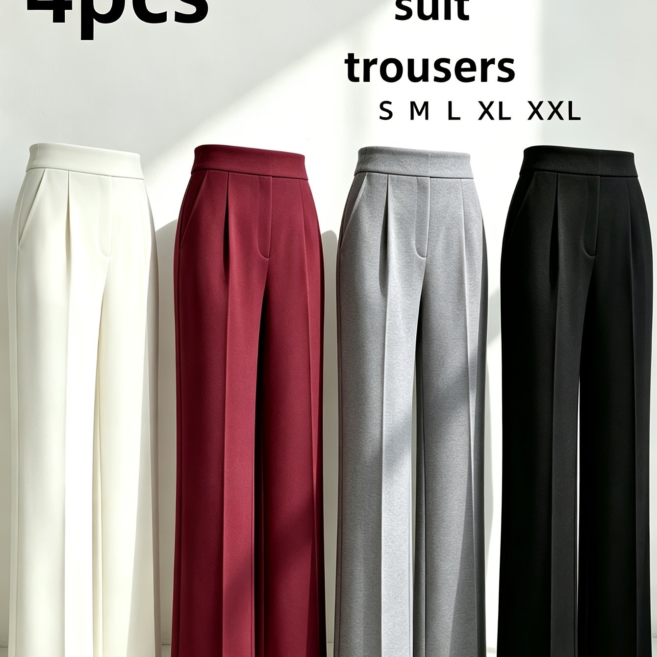 TEMU 4pcs Women's Suit Wide-leg Pants, High-waisted Trousers, Solid Color, Office Wear - Suitable For, Daily , Summer , Beach Vacations, Poolside