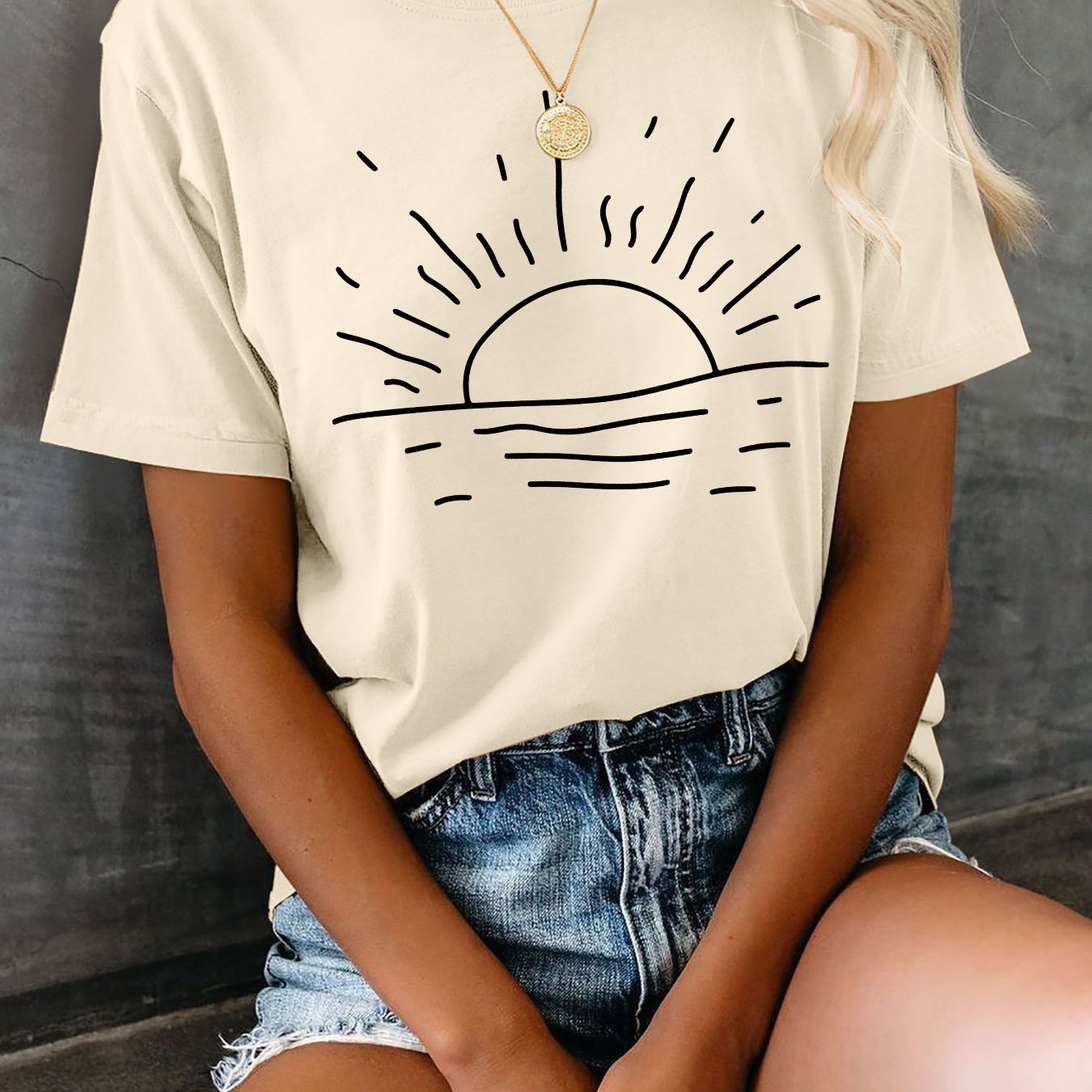 Image of Women&;s Casual Short Sleeve Crew Neck T-shirt - Sun & Waves Print, Light Beige, Breathable Fabric, Machine Washable, , Cute Short Sleeve Tops, Summer Apparel, Relaxed Fit Shirt, Comfortable Tee