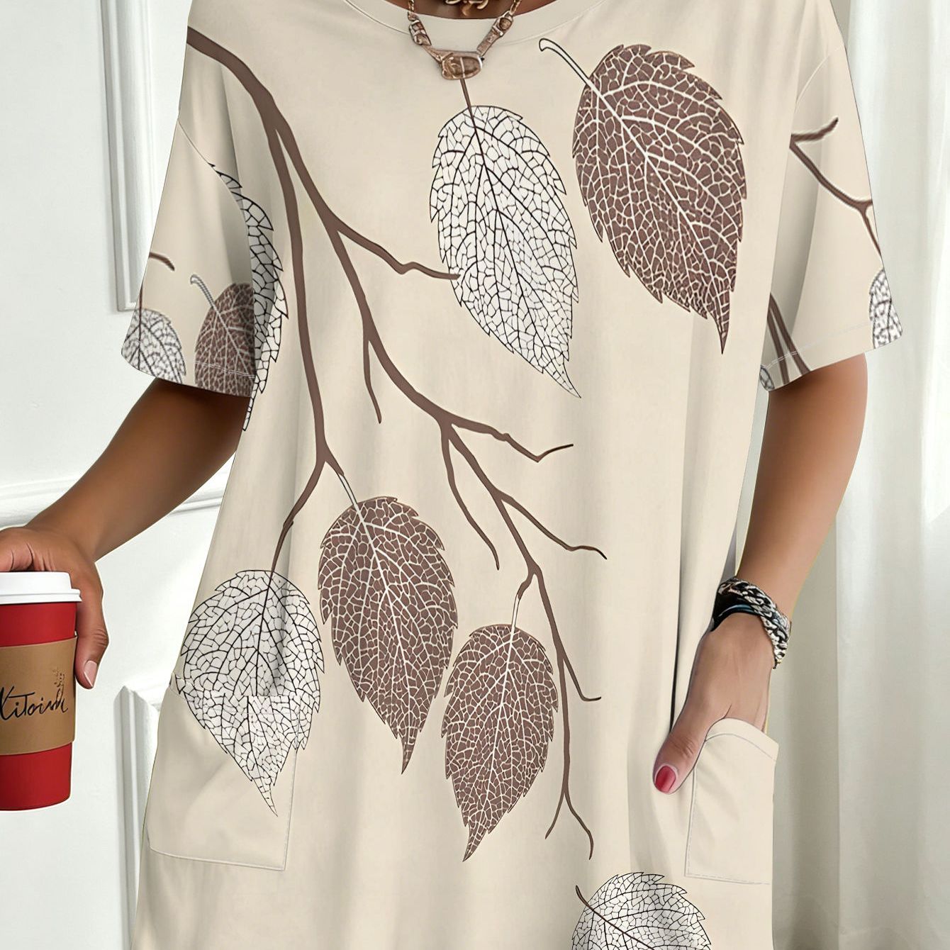 TEMU T-shirt grande taille pour femme avec poche, 1 pièce, coupe , imprimé , avec poche, idéal pour les quotidiens, les réunions décontractées, les