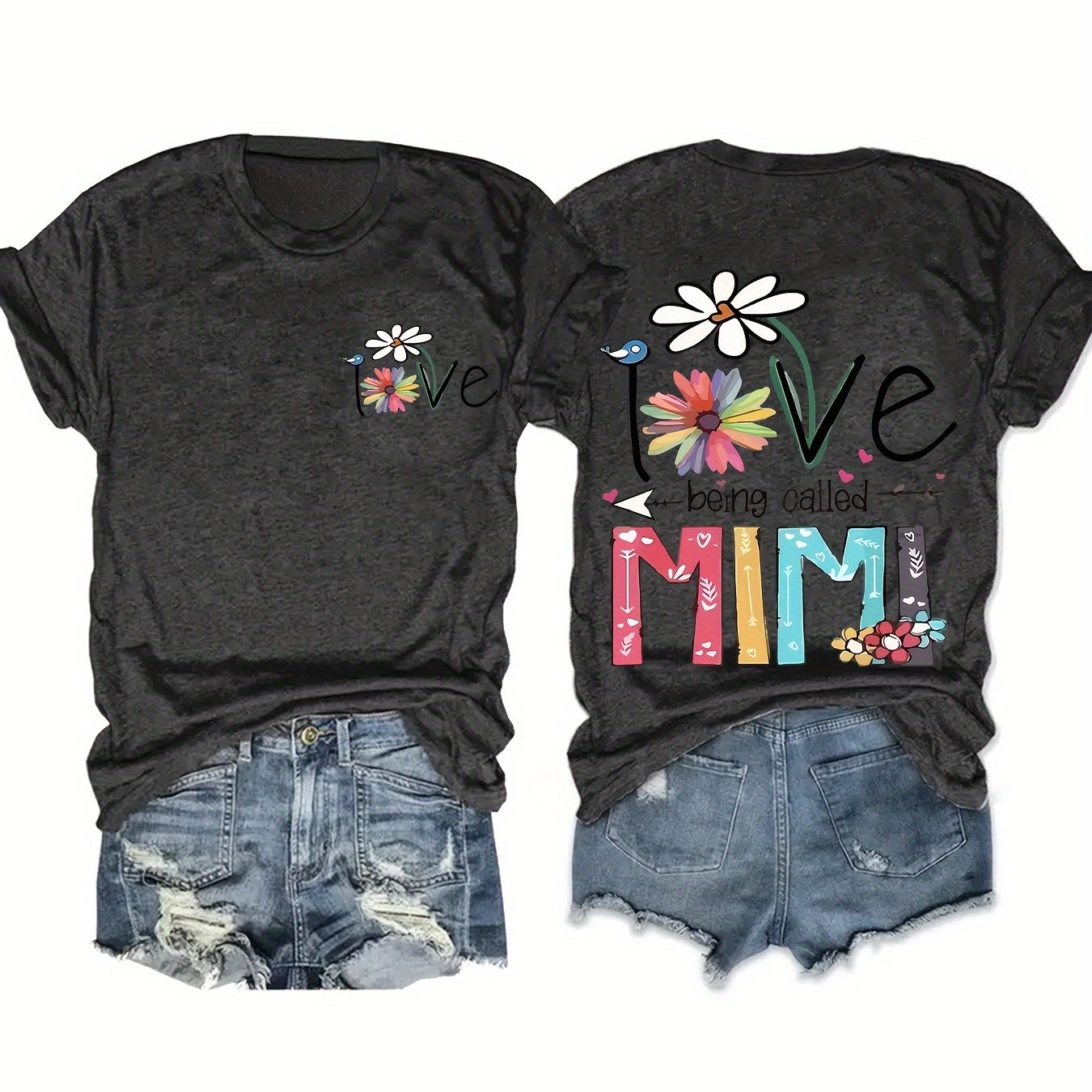 TEMU Plus Size, Women'-sided Printed T-shirt With L Flower And Ve Mimi Lettering, Plus Size Round Neck