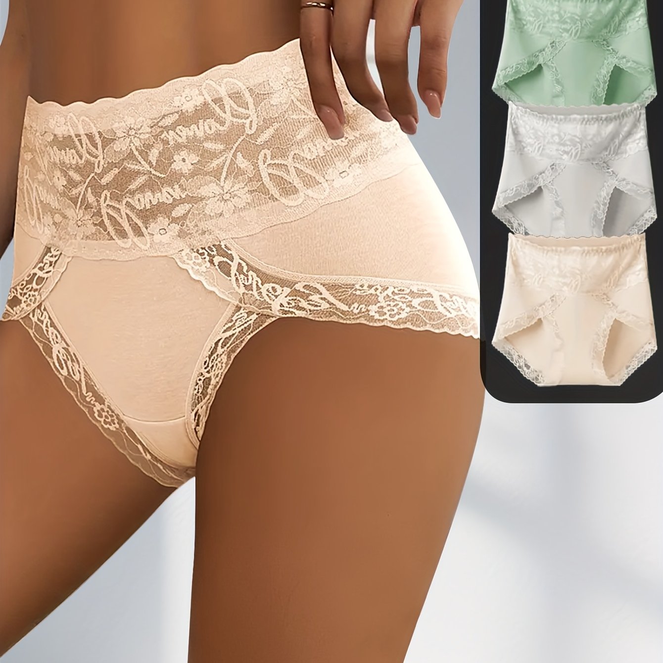 Image of 3pcs High Waist Lace Women's Panties, Splicing Fashion High Waist Women's Panties, Breathable And Comfortable, Suitable For Yoga Exercise, Daily Wear, Holiday Gift Women's Panties