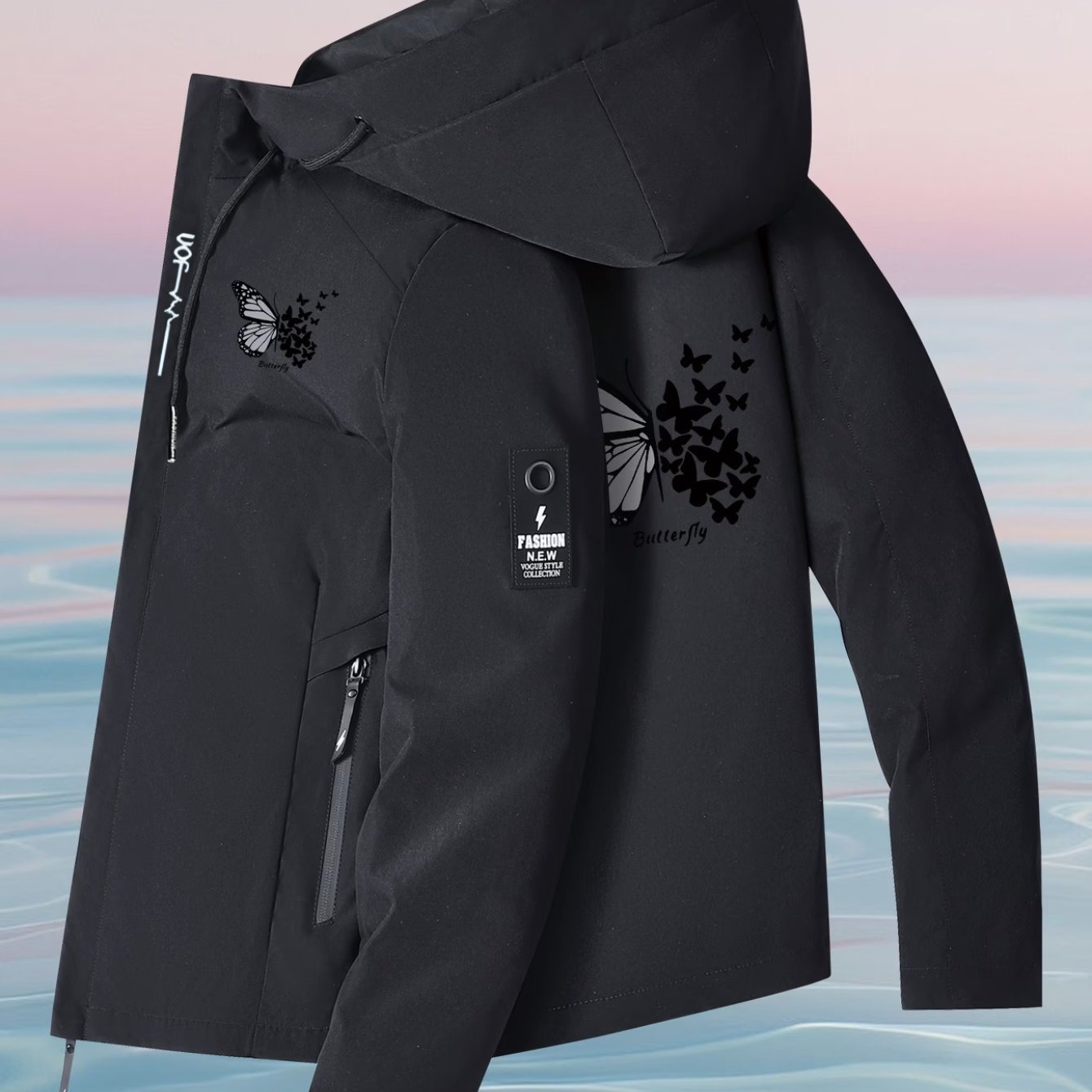 TEMU Pattern Black Windbreaker Jacket, Outdoor High Quality Hooded Workwear For Daily Commuting