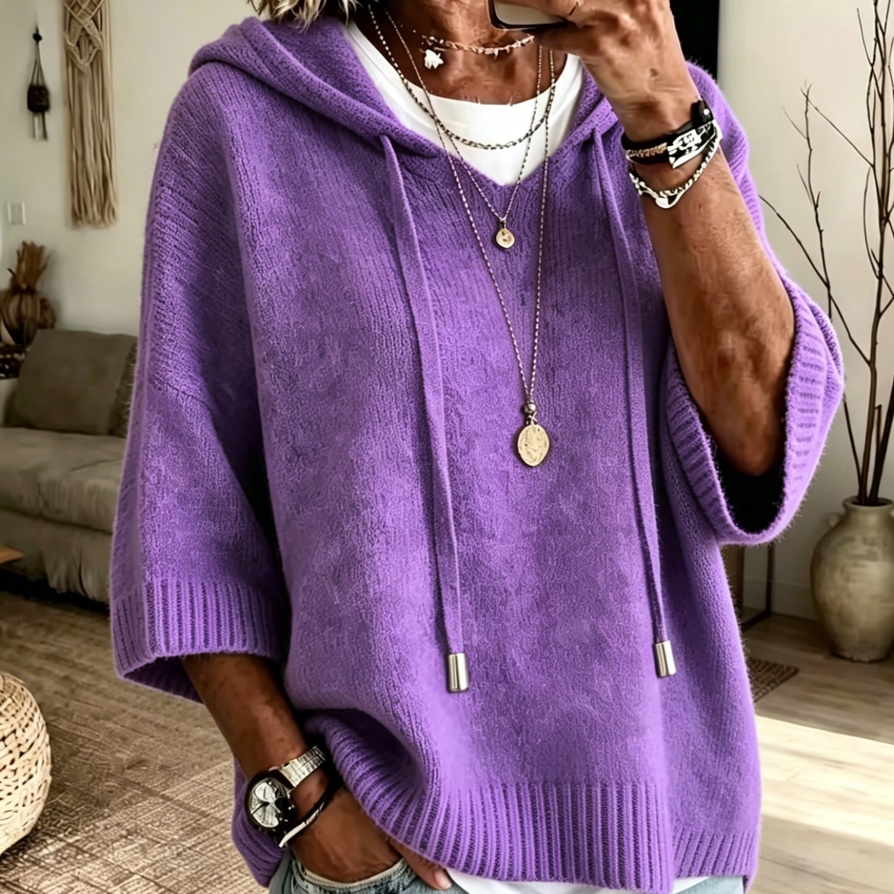 TEMU Hooded Drawstring Pullover, Solid Color Loose Short Sleeve Sweater, Wear And Out