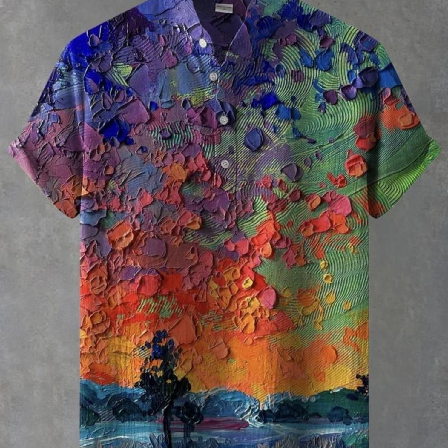Image of Men's Button- Collar Short-sleeved Shirt, Vibrant Textured Painting-like Pattern, Printed, Polyester, Casual Comfortable Daily Wear, Mixed Colors, Multiple Sizes