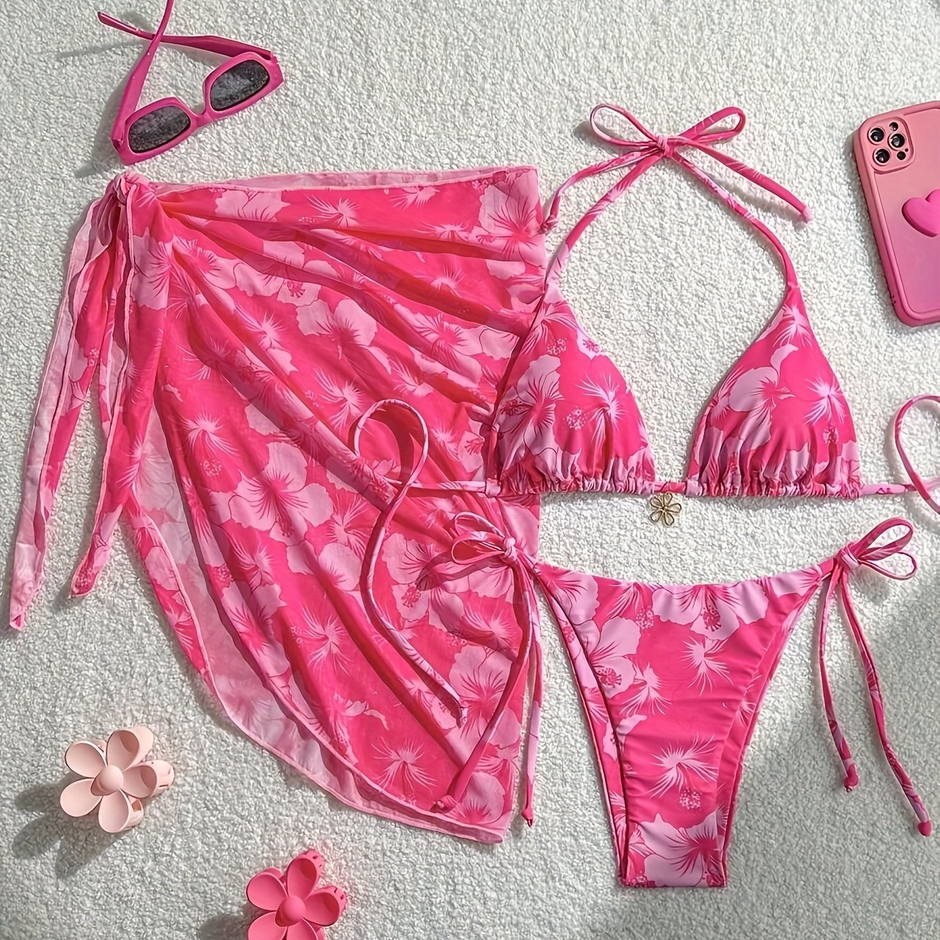 TEMU 3pcs Women's Random Print Halter Beach Dress Set, Vintage Vacation Bikini Trio, Summer Seaside Festival Swimwear