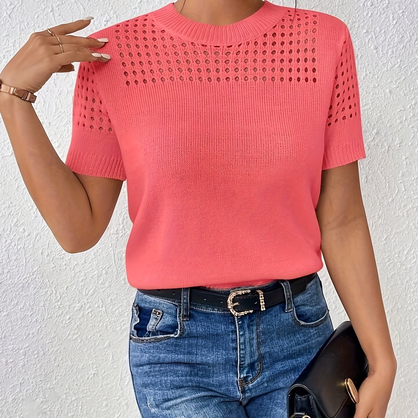 TEMU Women's Round Neck Solid Color Short Sleeve Spring Summer Casual Elegant Top