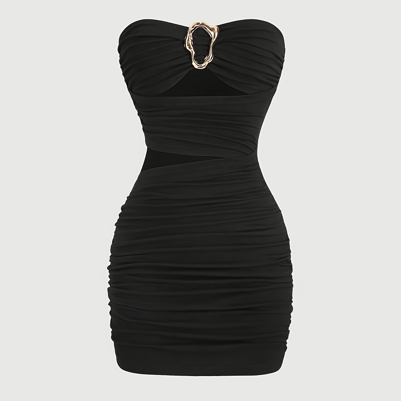 E-shop Sexy schulterfreies Bodycon-Kleid | Damen Mini-Kleid mit Metallschnalle, trägerlos, kurzer Rock, Twist-Detail, Unifarben