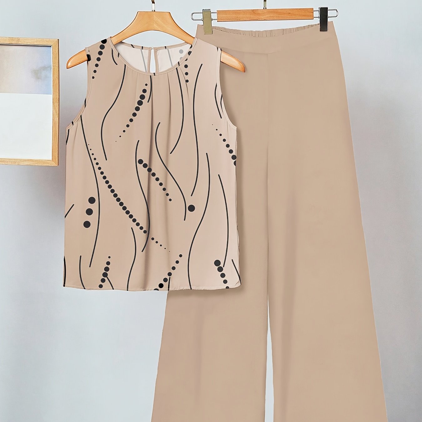 TEMU Women's 2pcs Casual Elegant Polka Dot Print Sleeveless Blouse And Wide-leg Pants Set, Suitable For Summer, Early Autumn, Spring, Business Casual