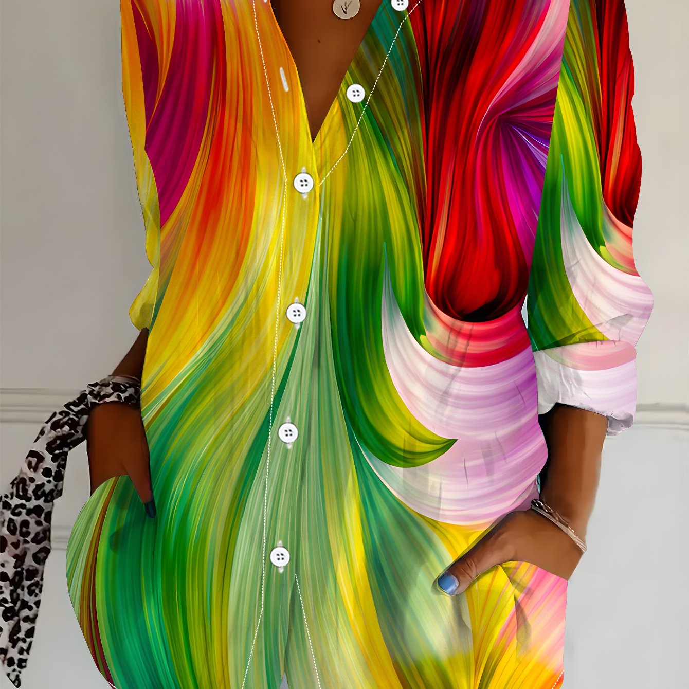 TEMU Plus Size Women's Long Sleeve Shirt, Vibrant Printed Loose Shirt, Multicolor Wavy Mid-length Style Women's Long Sleeve Collared Shirt, Colorful