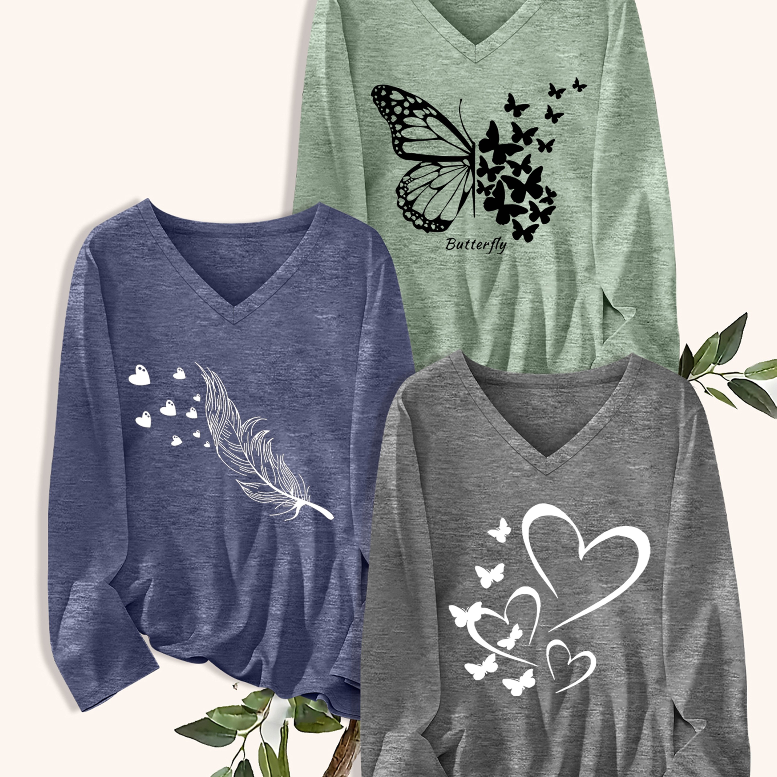 TEMU Plus Size, Versatile T-shirt 3pcs Set, Spring/summer New Arrival Plus Size Women's Fashion Letter Long Sleeve V-neck T-shirt 3pcs Set, Women's