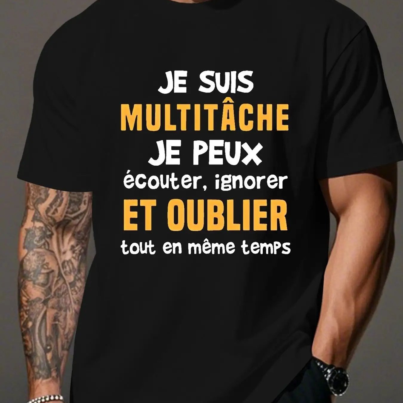 TEMU T-Shirt Homme Transfert Thermique, Design Humoristique Style Français " Multitâche" Col Rond, Haut de Mode Lavable en Machine pour Occasions