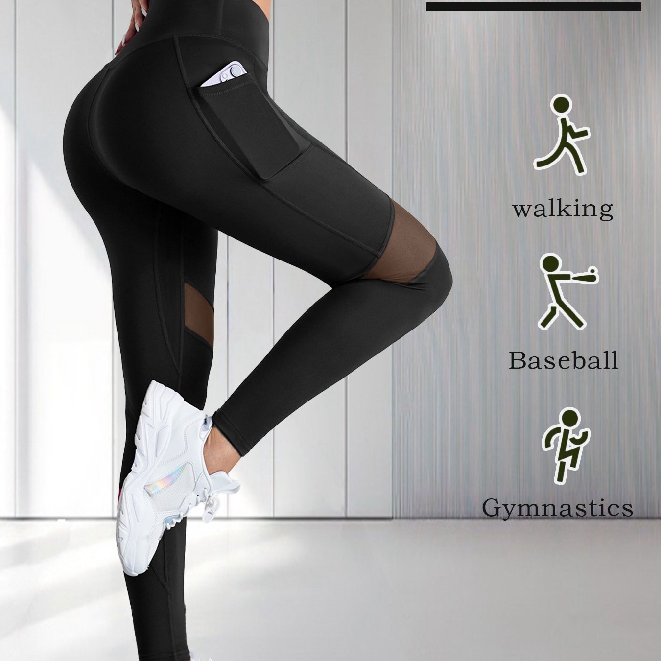 Image of 1pc Of Mesh Stitching Design Side Pocket Solid Color High Waist Breathable Tight Leggings Outdoor Sports Fitness Women's Yoga Pants