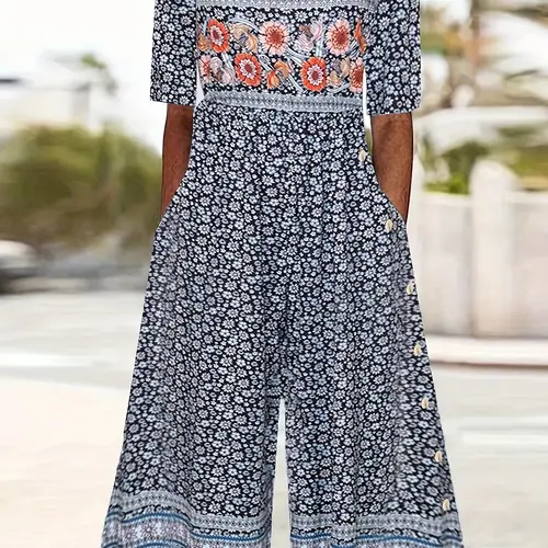 womens retro bohemian floral print jumpsuit v neck long sleeve with pockets polyester fabric spring autumn casual festive outfit clothes for ladies spring fashion vintage style stylish romper festival