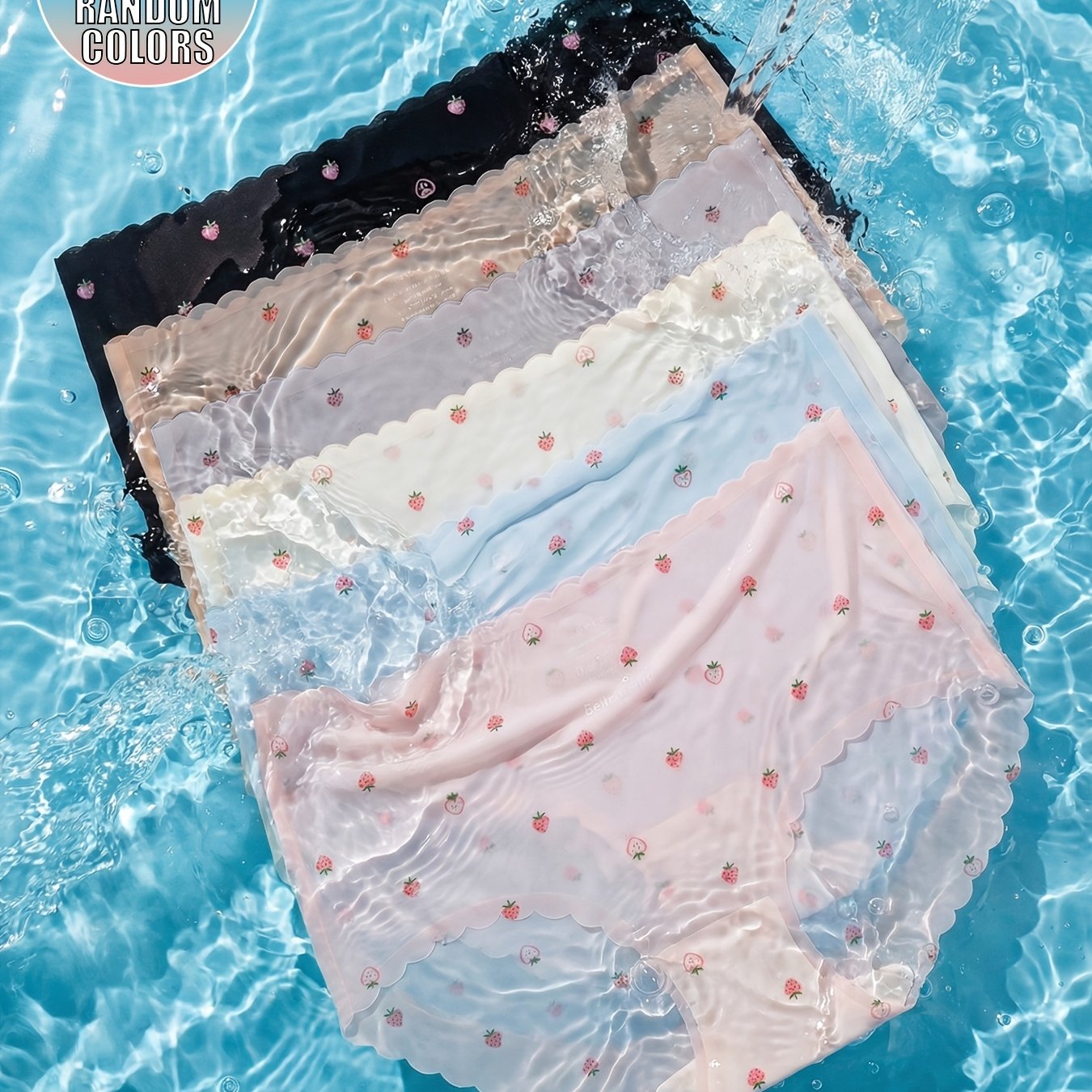 TEMU Zufällige 5 Stück Halbtransparente Damenunterwäsche, Niedliches Erdbeer-Print Dreieck-Slip, Wellenkante Atmungsaktive Unterwäsche, Nahtlos