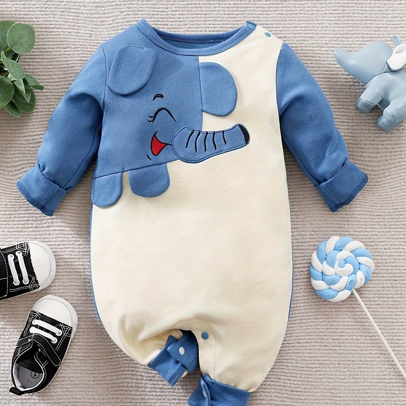 Happy Applique Elephant Autumn And Winter Long-sleeved Jumpsuit, For Outdoor